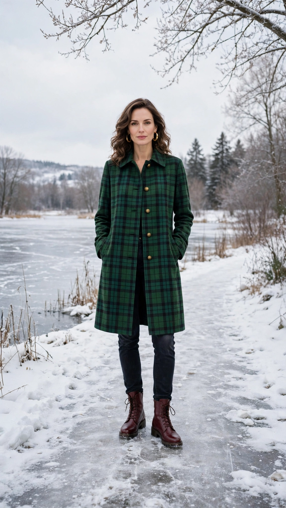 Green Tartan Coat with Dark Jeans and Burgundy Boots