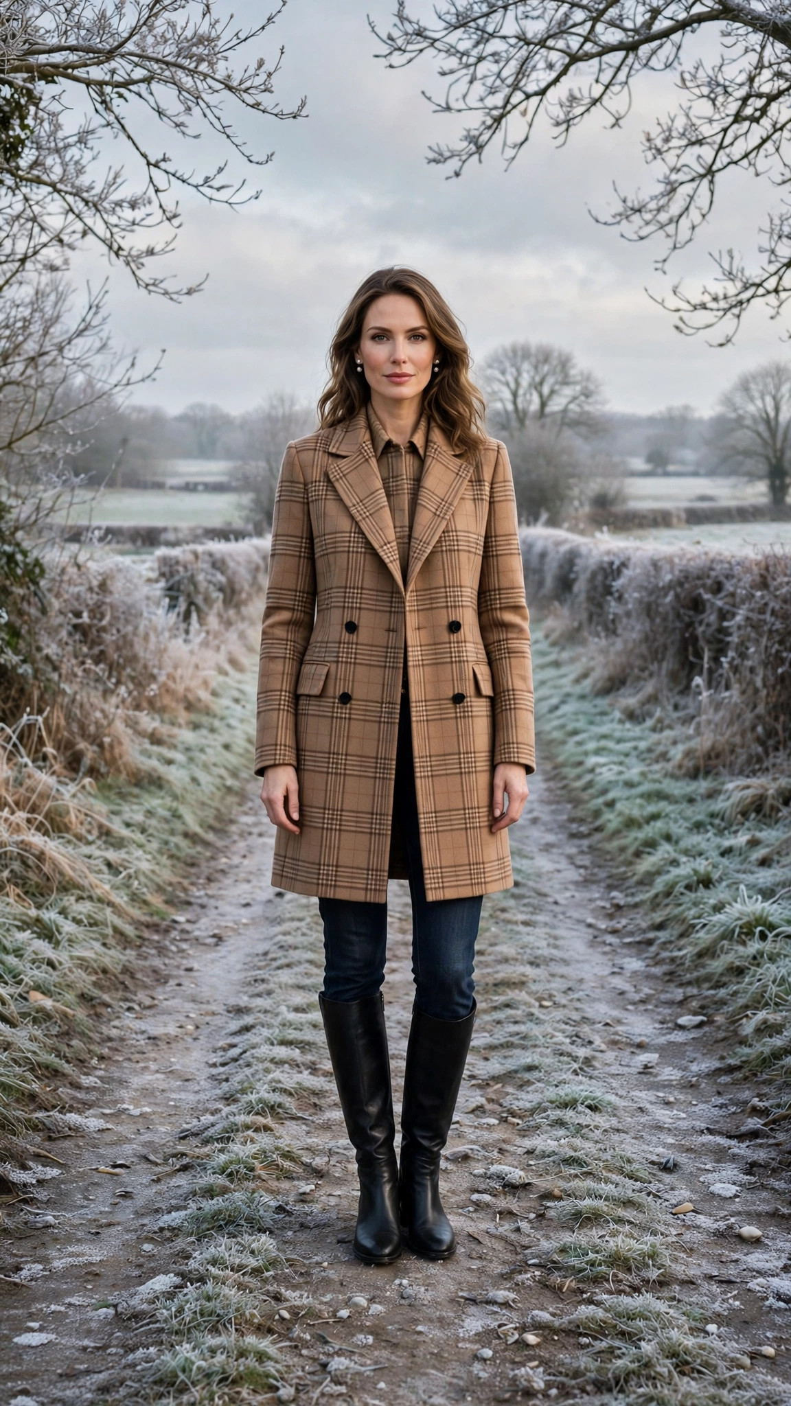 Camel Plaid Coat with Dark Jeans and Black Knee Boots