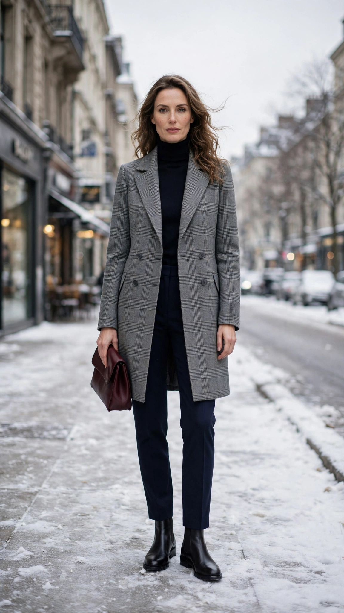 Grey Check Coat with Navy Trousers and Black Chelsea Boots