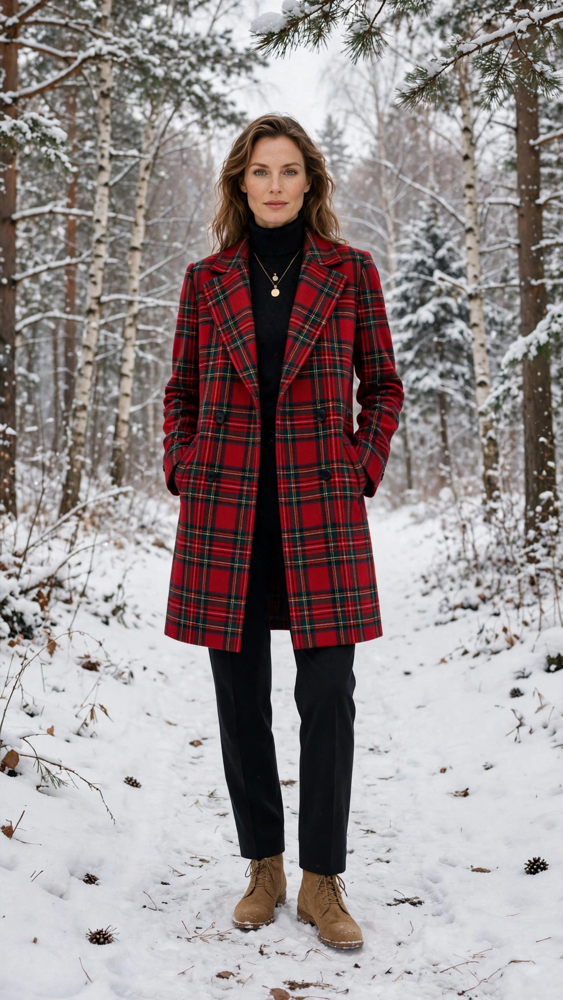 Red Tartan Plaid Coat with Black Straight Trousers and Tan Boots