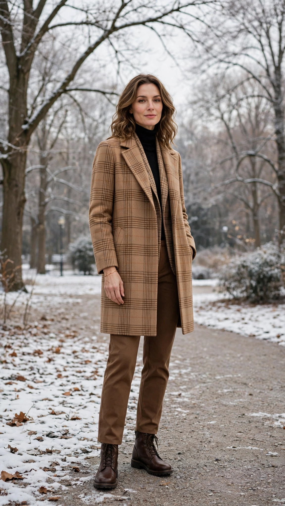 Camel Plaid Coat with Brown Trousers and Dark Brown Walking Boots