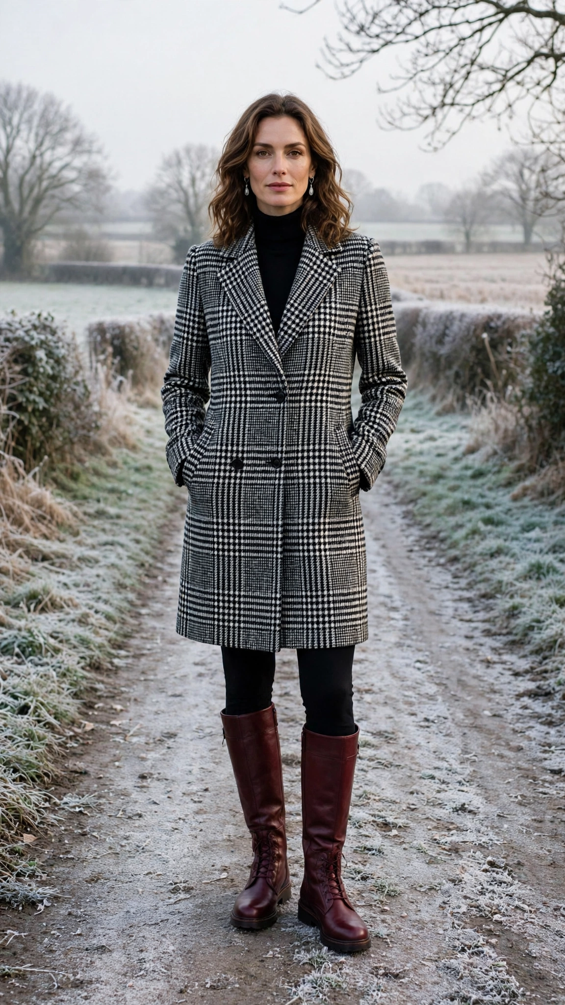 Black-and-white Plaid Coat with Black Leggings and Burgundy Boots