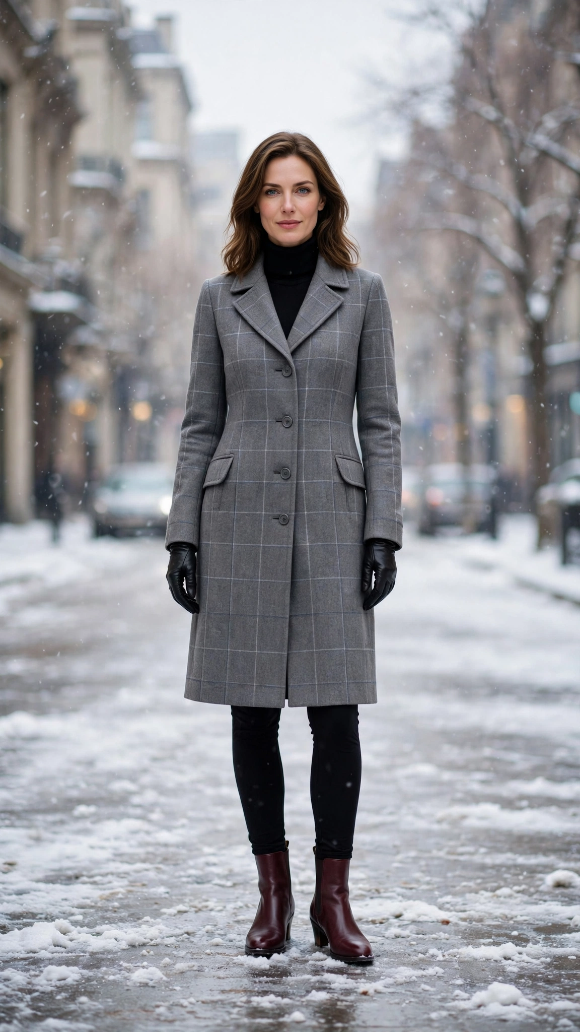 Grey Check Coat with Black Leggings and Burgundy Boots