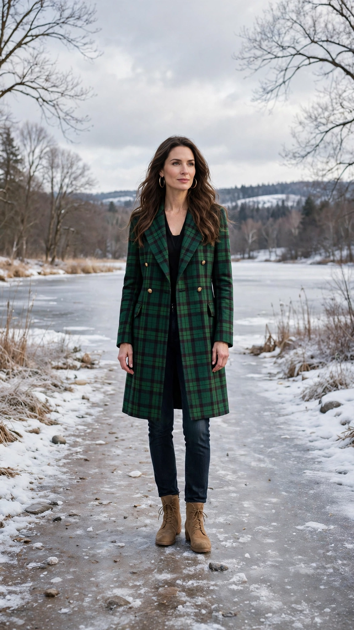 Green Tartan Coat with Dark Jeans and Tan Boots