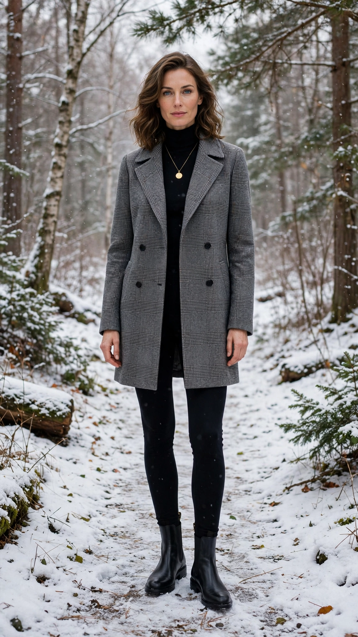 Grey Check Coat with Black Leggings and Black Chelsea Boots