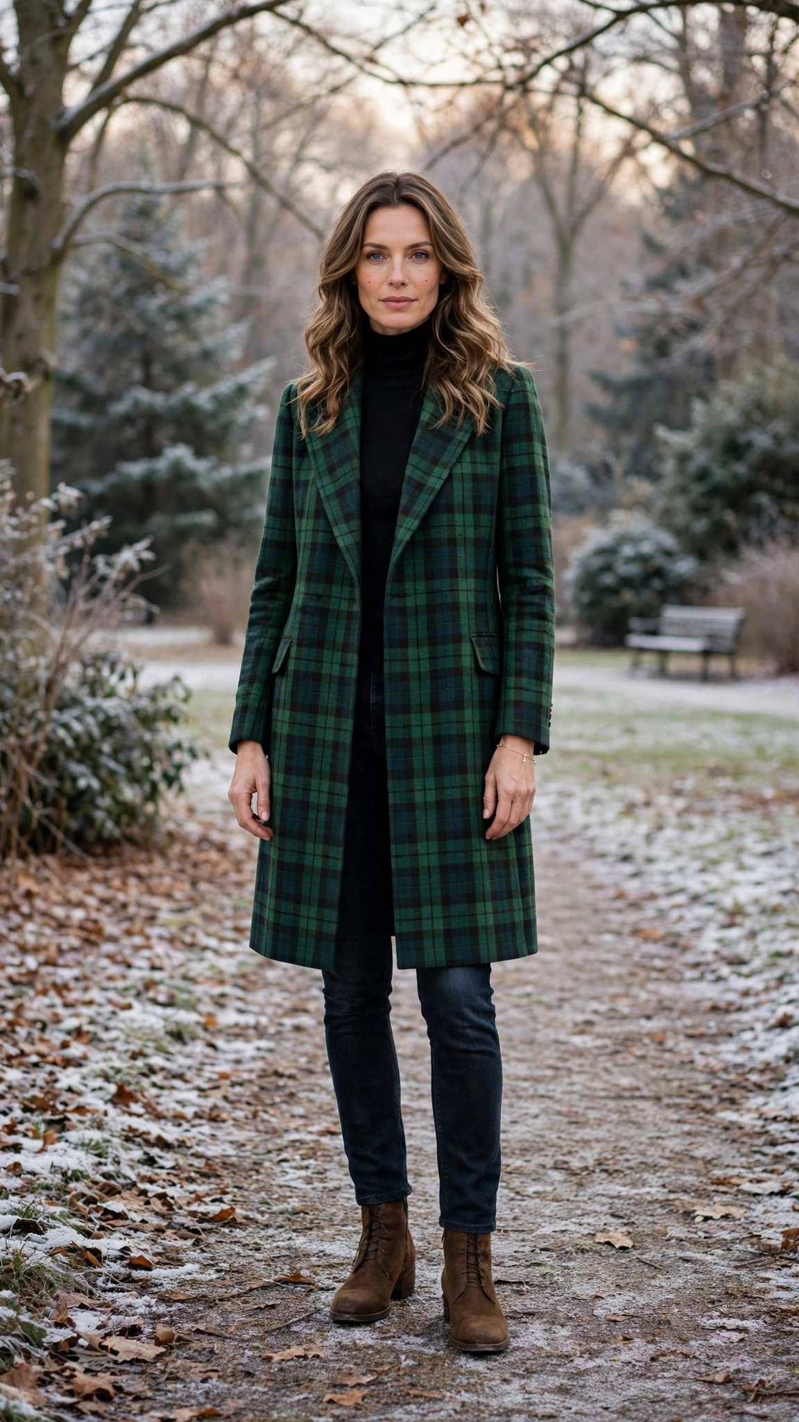 Green Tartan Coat with Dark Jeans and Brown Ankle Boots