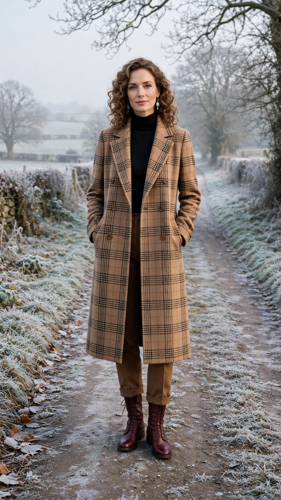 Camel Plaid Coat with Brown Trousers and Burgundy Boots