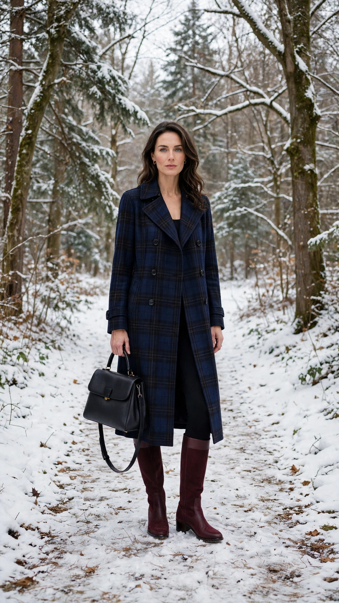 Navy Plaid Coat with Black Leggings and Burgundy Boots
