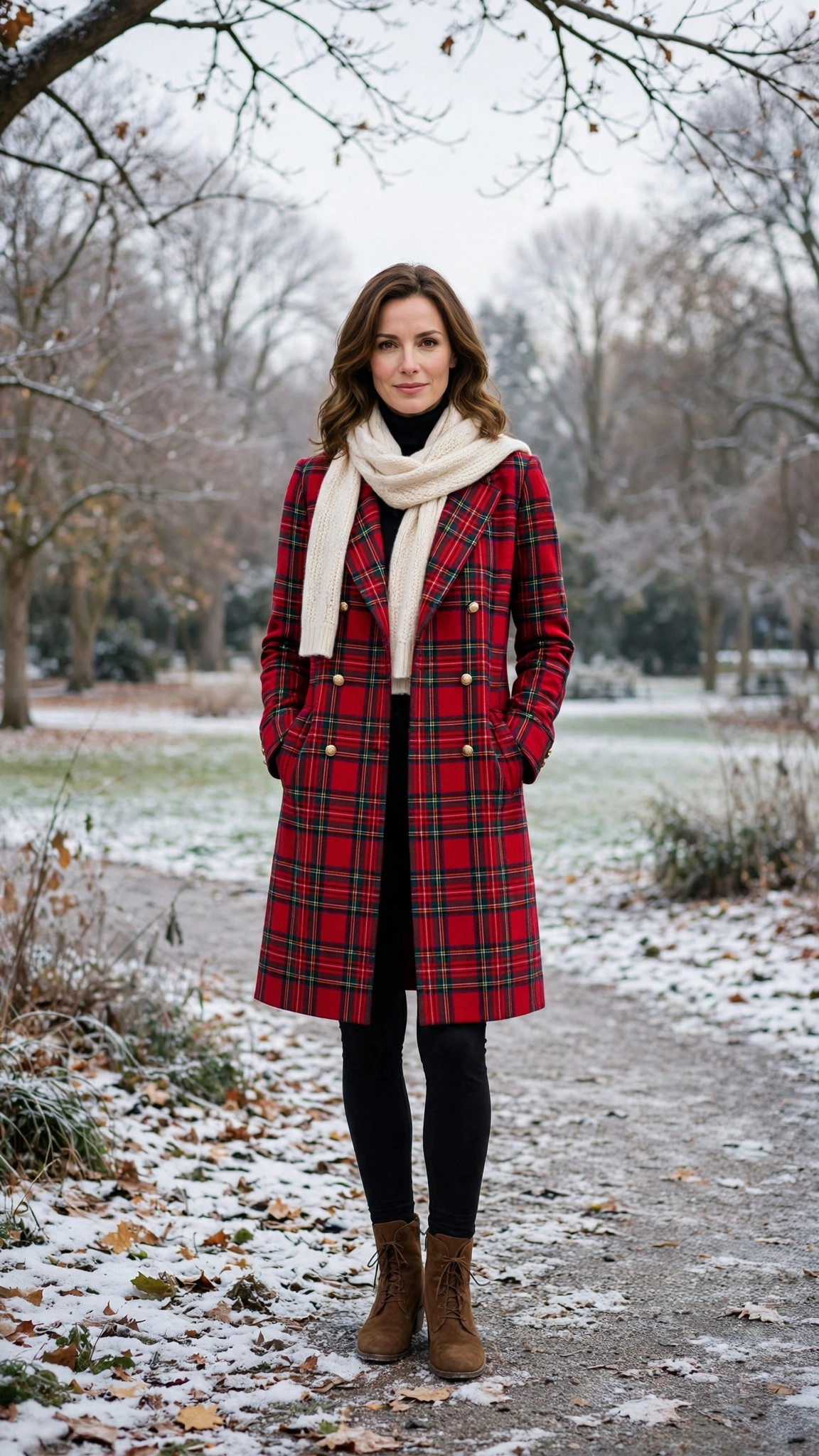 Red Tartan Plaid Coat with Black Leggings and Brown Ankle Boots