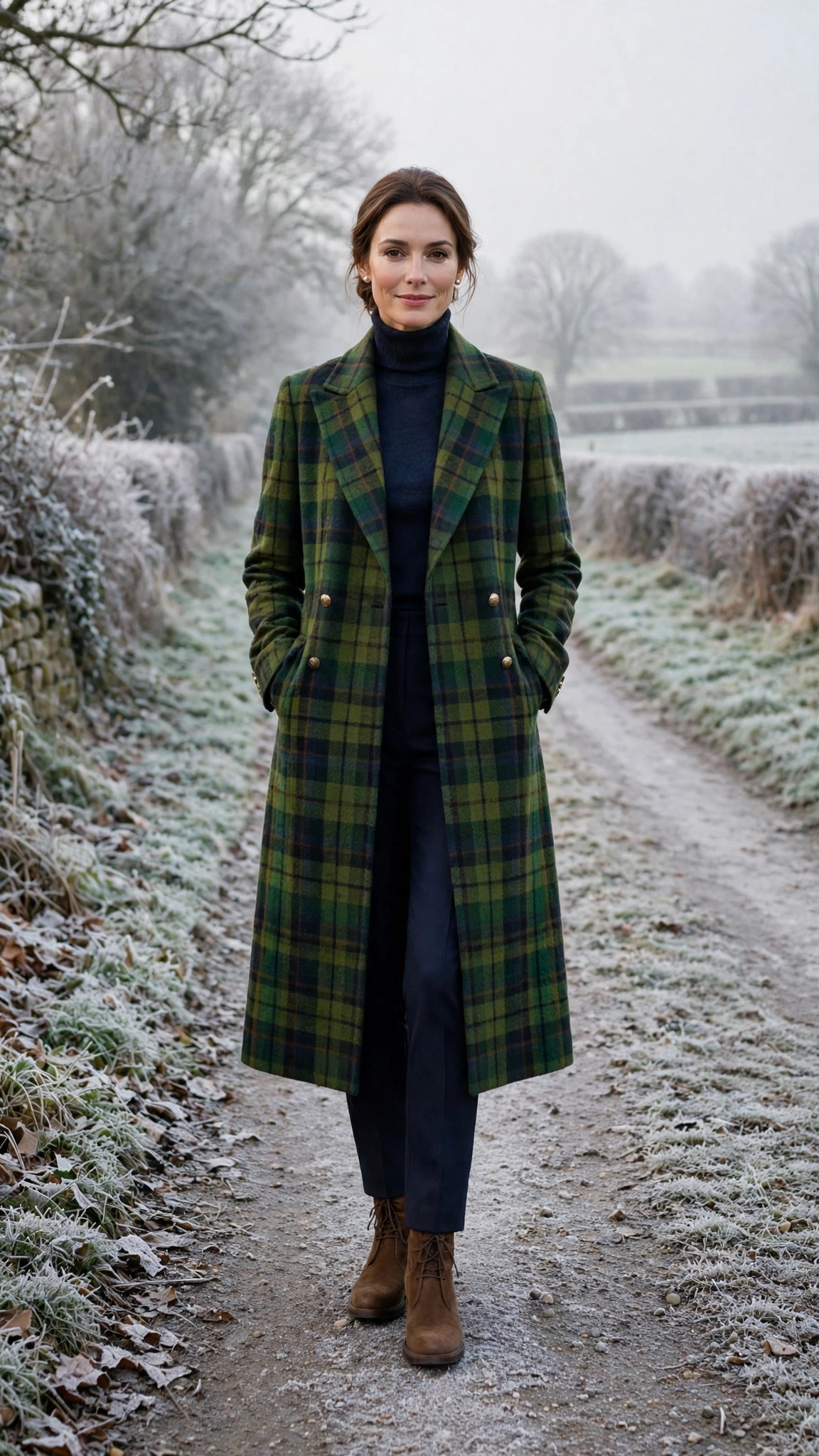 Green Tartan Coat with Navy Trousers and Brown Ankle Boots
