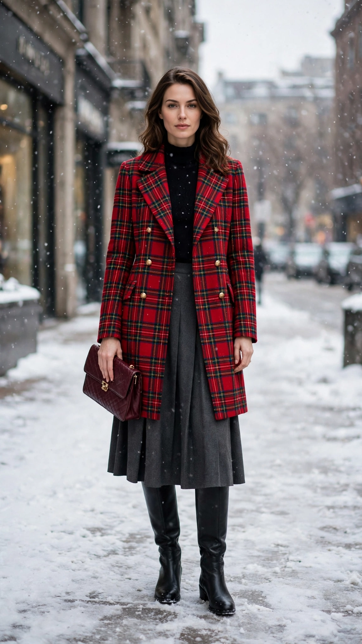 Red Tartan Plaid Coat with a Charcoal Skirt and Black Knee Boots