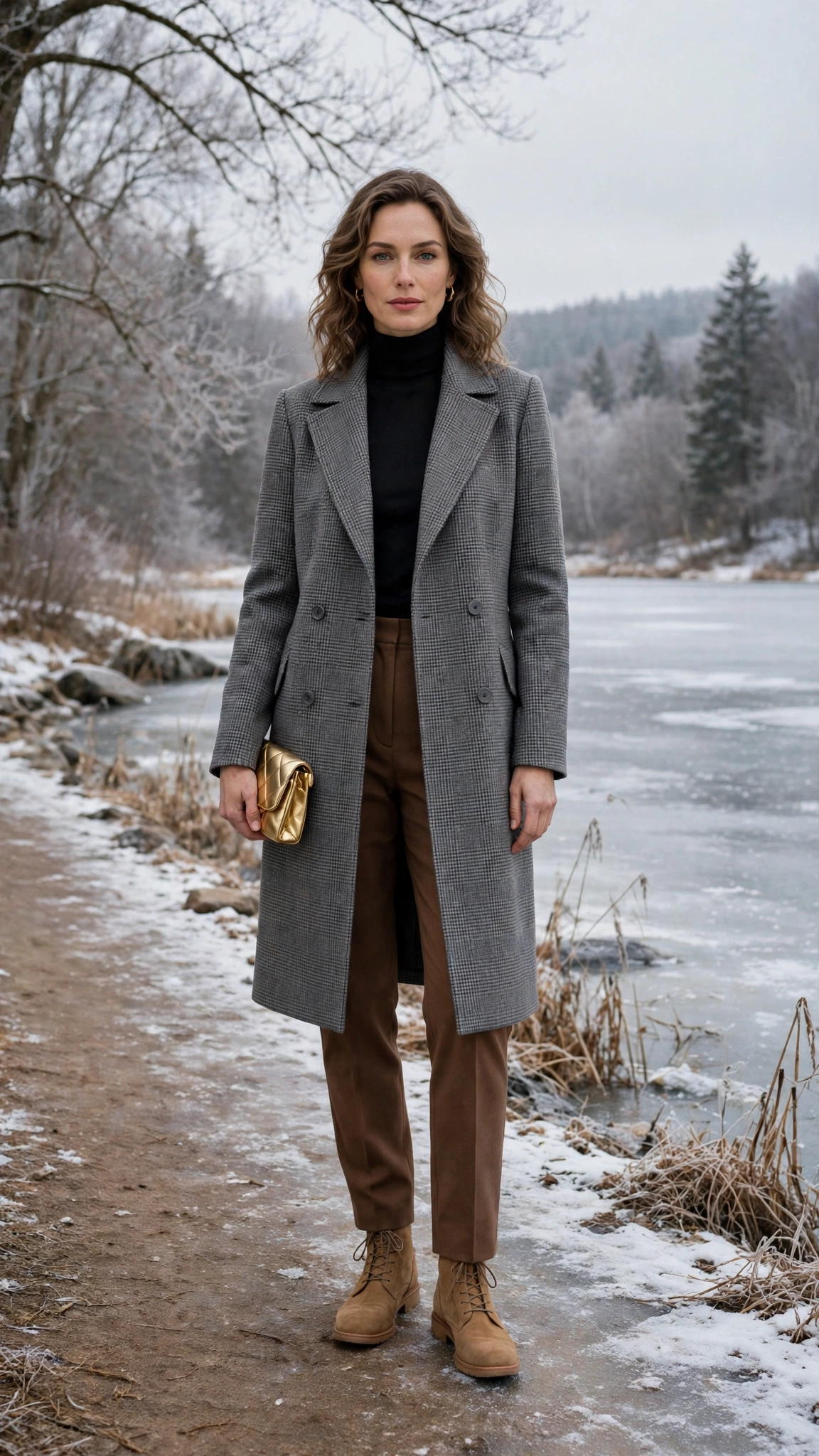 Grey Check Coat with Brown Trousers and Tan Boots