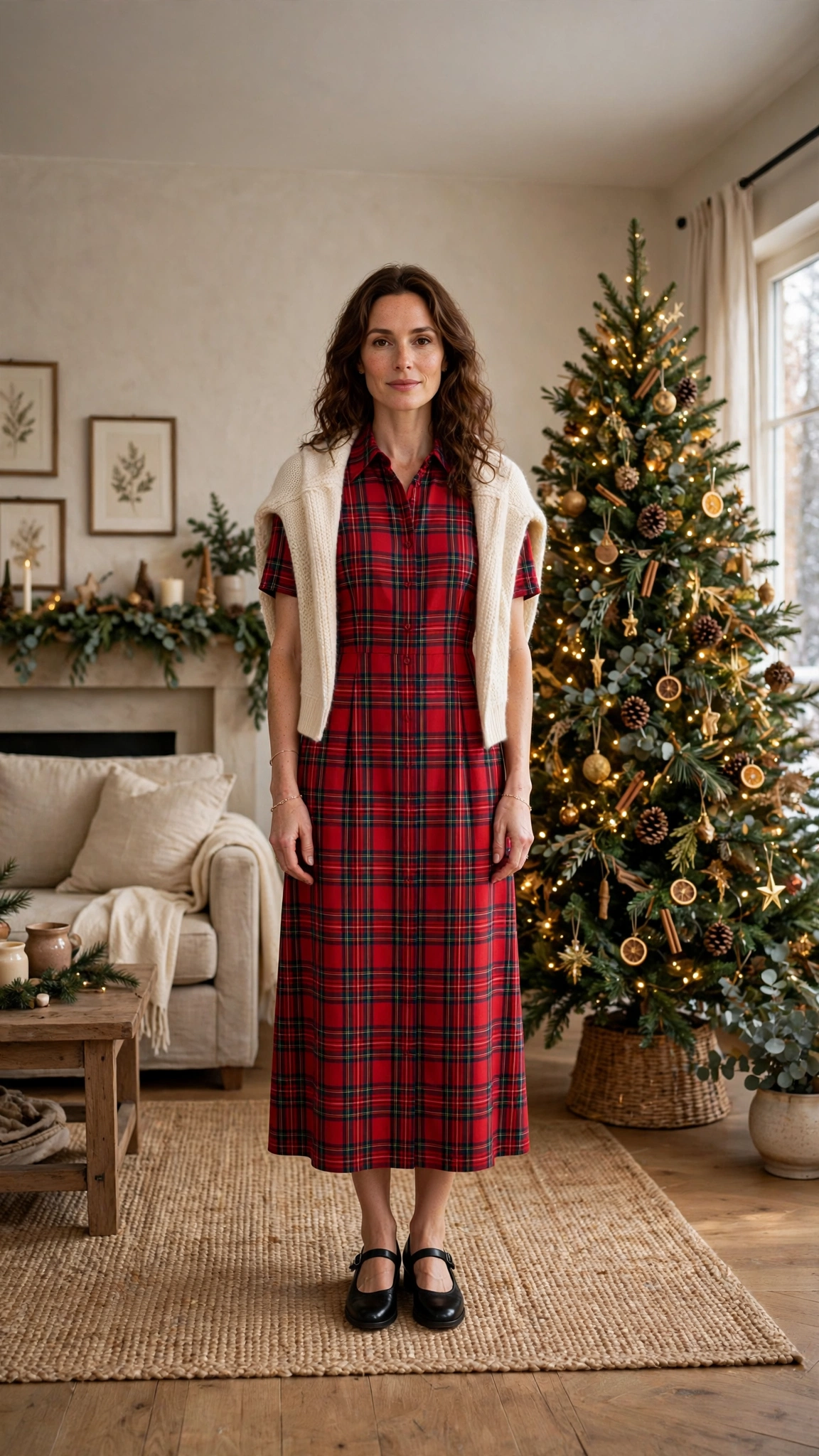 Red Plaid Midi Dress with a Cream Shawl and Black Mary Janes