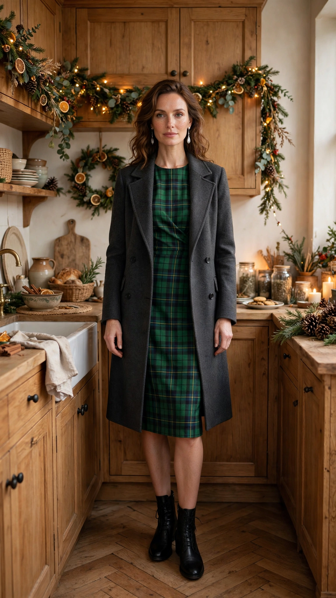 Green Tartan Dress with a Charcoal Coat and Black Ankle Boots