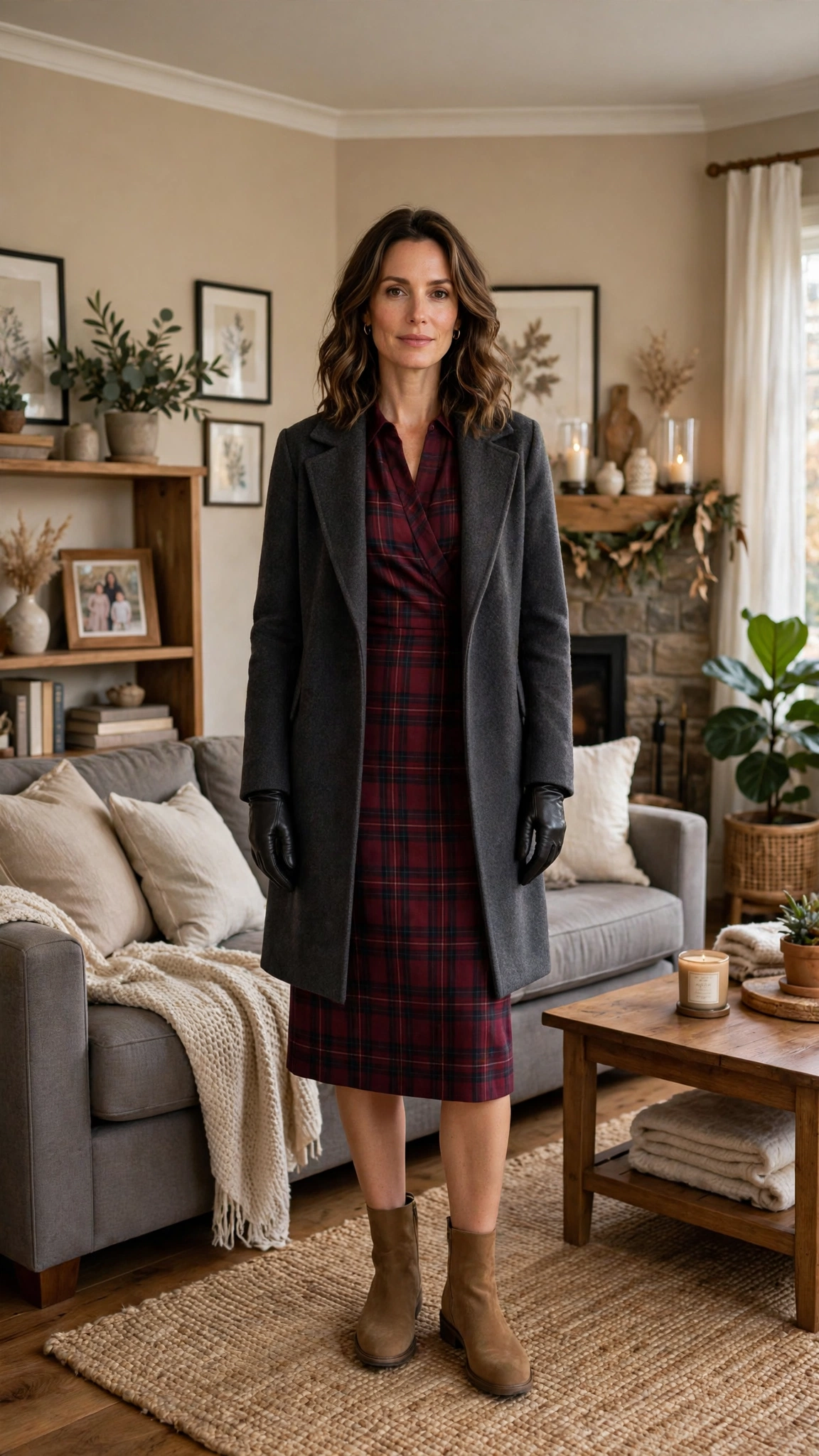 Burgundy Plaid Dress with a Charcoal Coat and Tan Boots