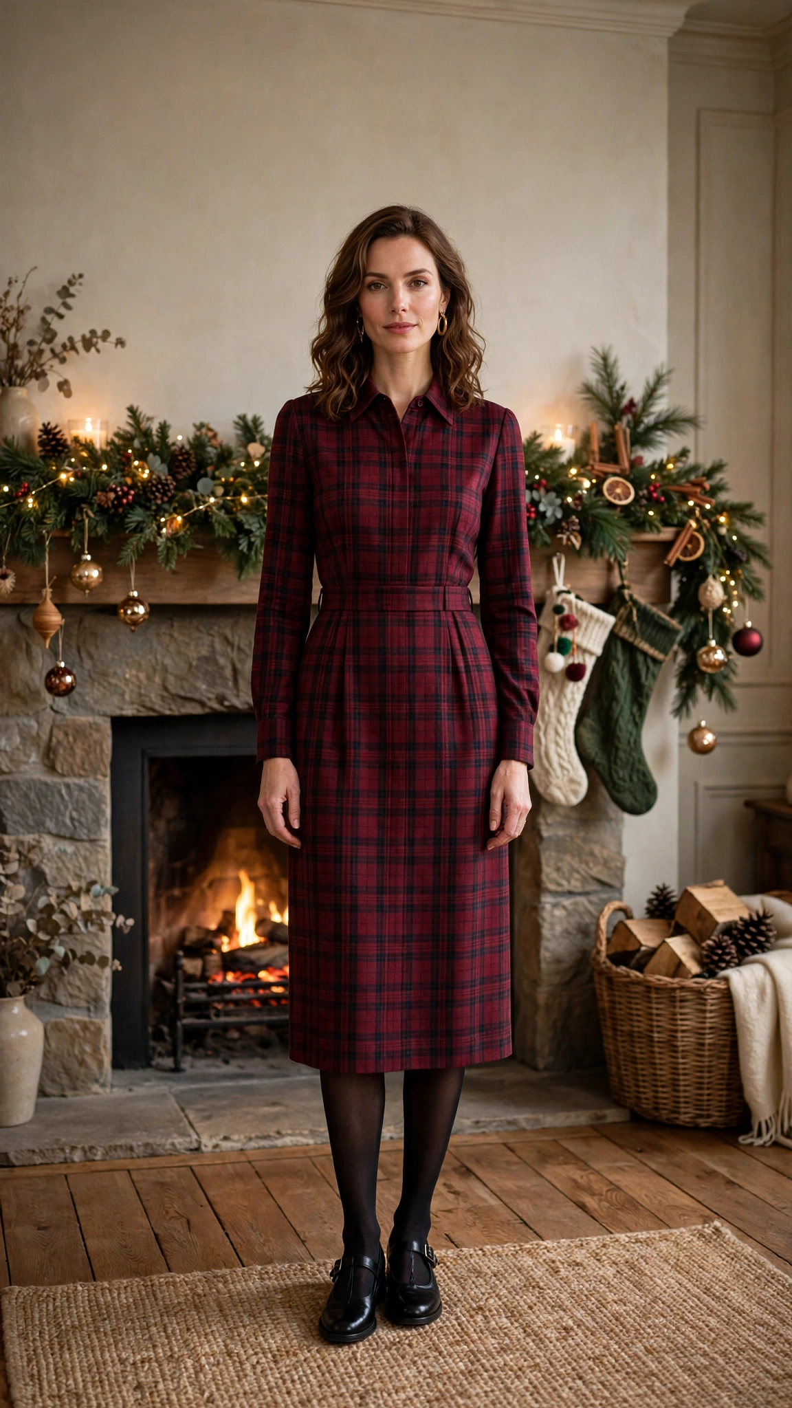 Burgundy Plaid Dress with Black Tights and Black Mary Janes