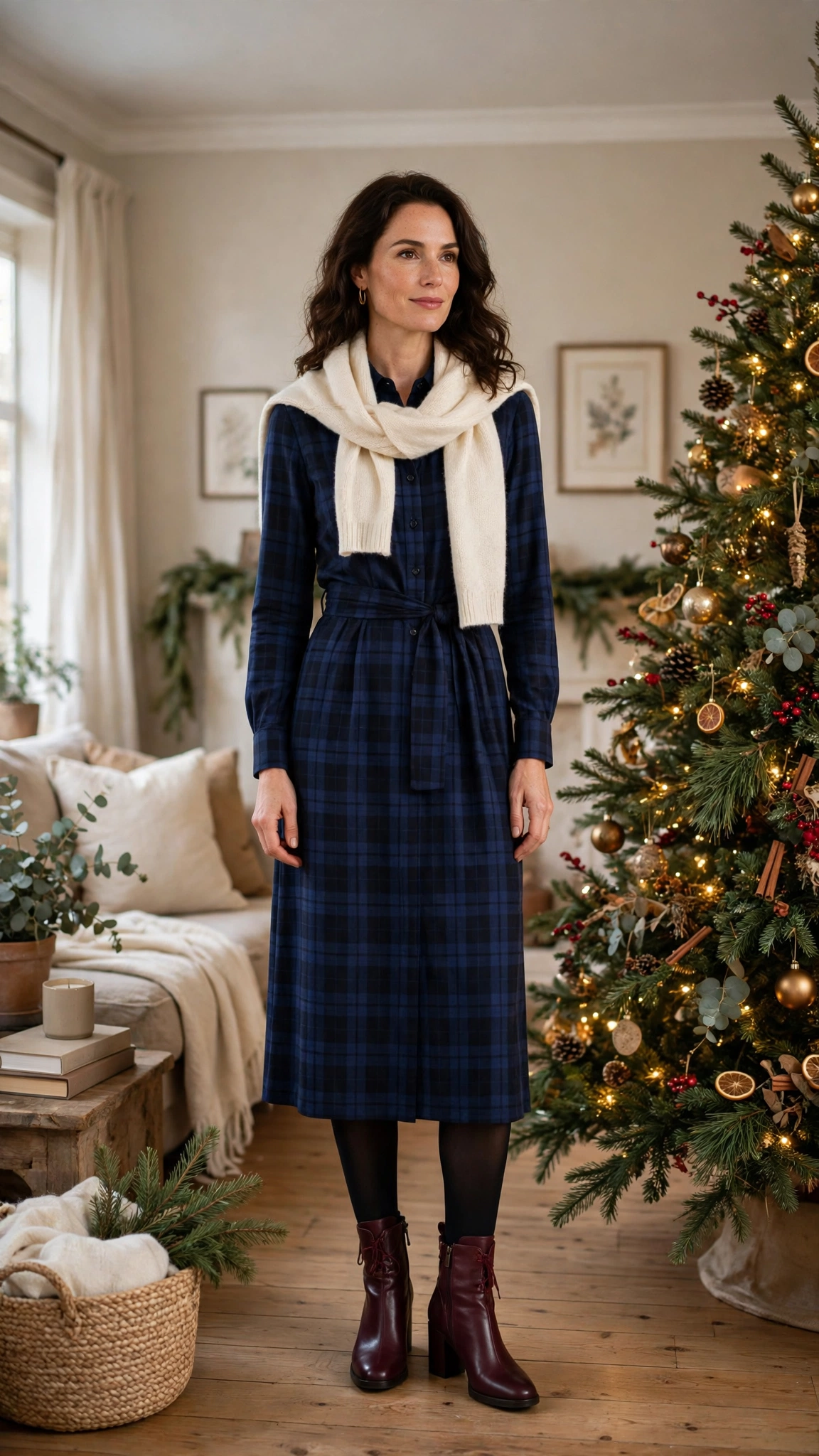 Navy Plaid Dress with Black Tights and Burgundy Boots