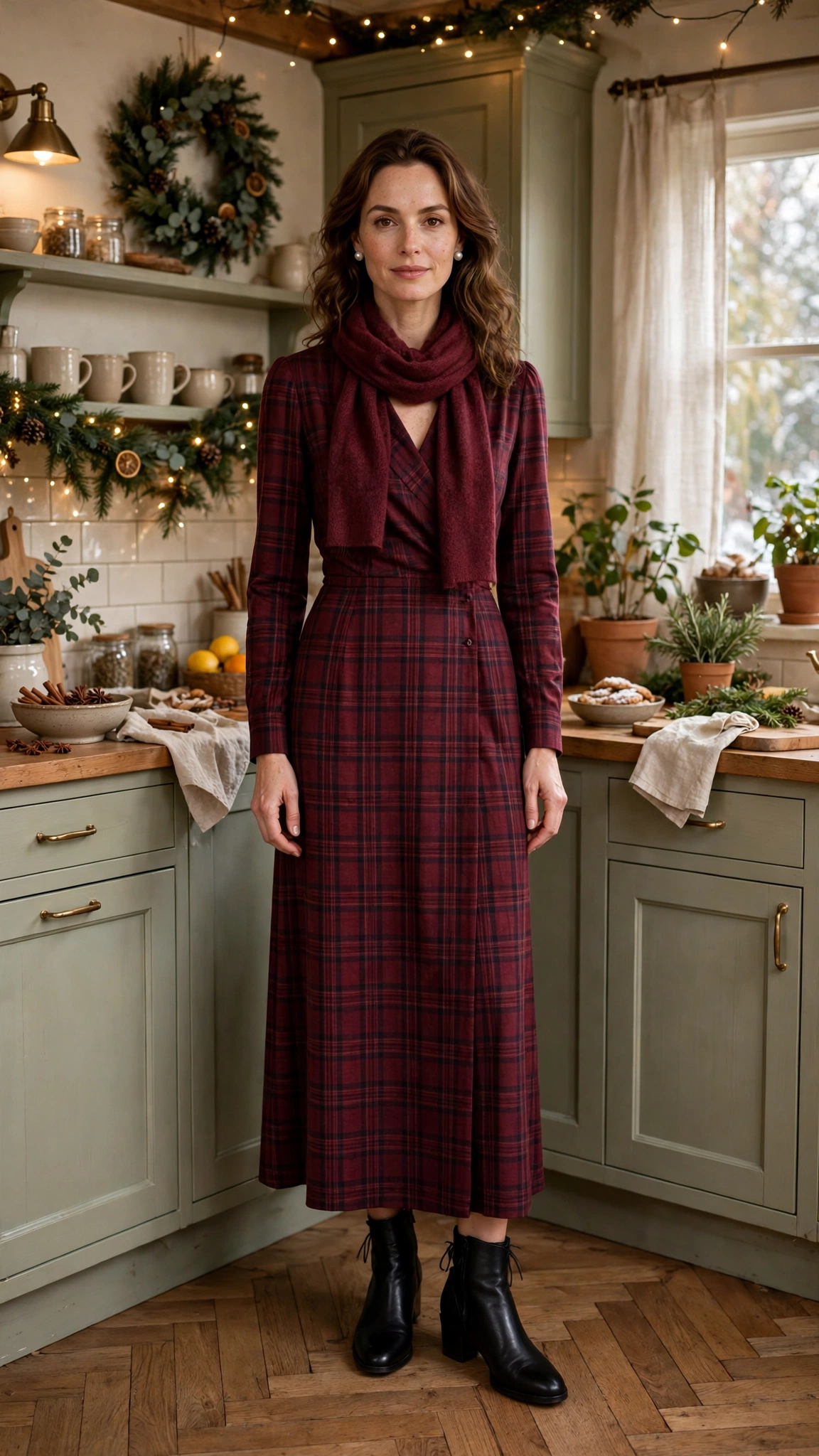 Burgundy Plaid Dress with a Burgundy Scarf and Black Ankle Boots