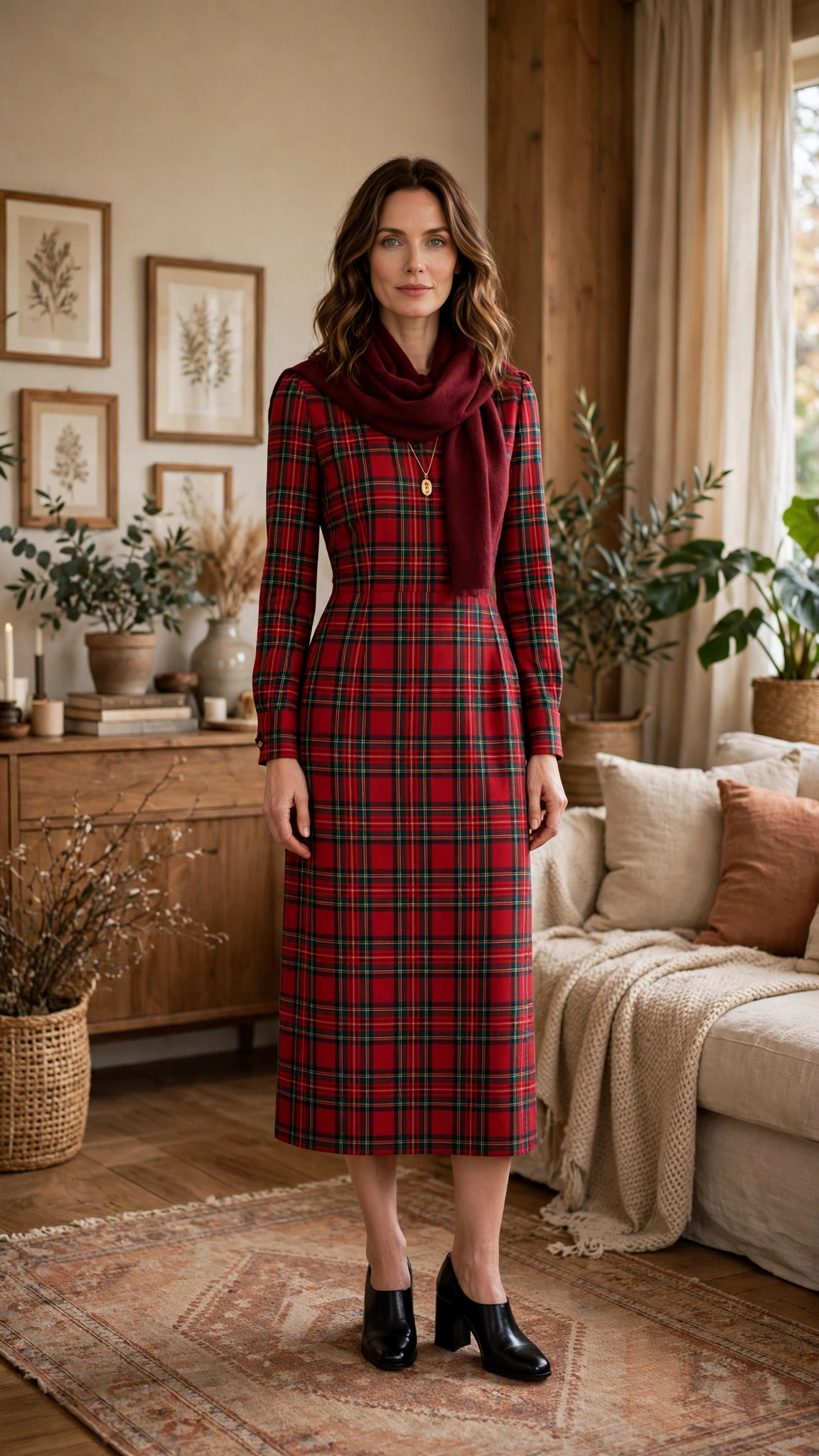 Red Plaid Midi Dress with a Burgundy Scarf and Black Block Heels