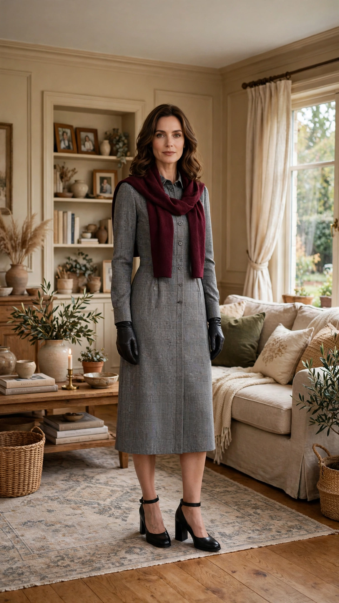 Grey Check Dress with a Burgundy Scarf and Black Block Heels