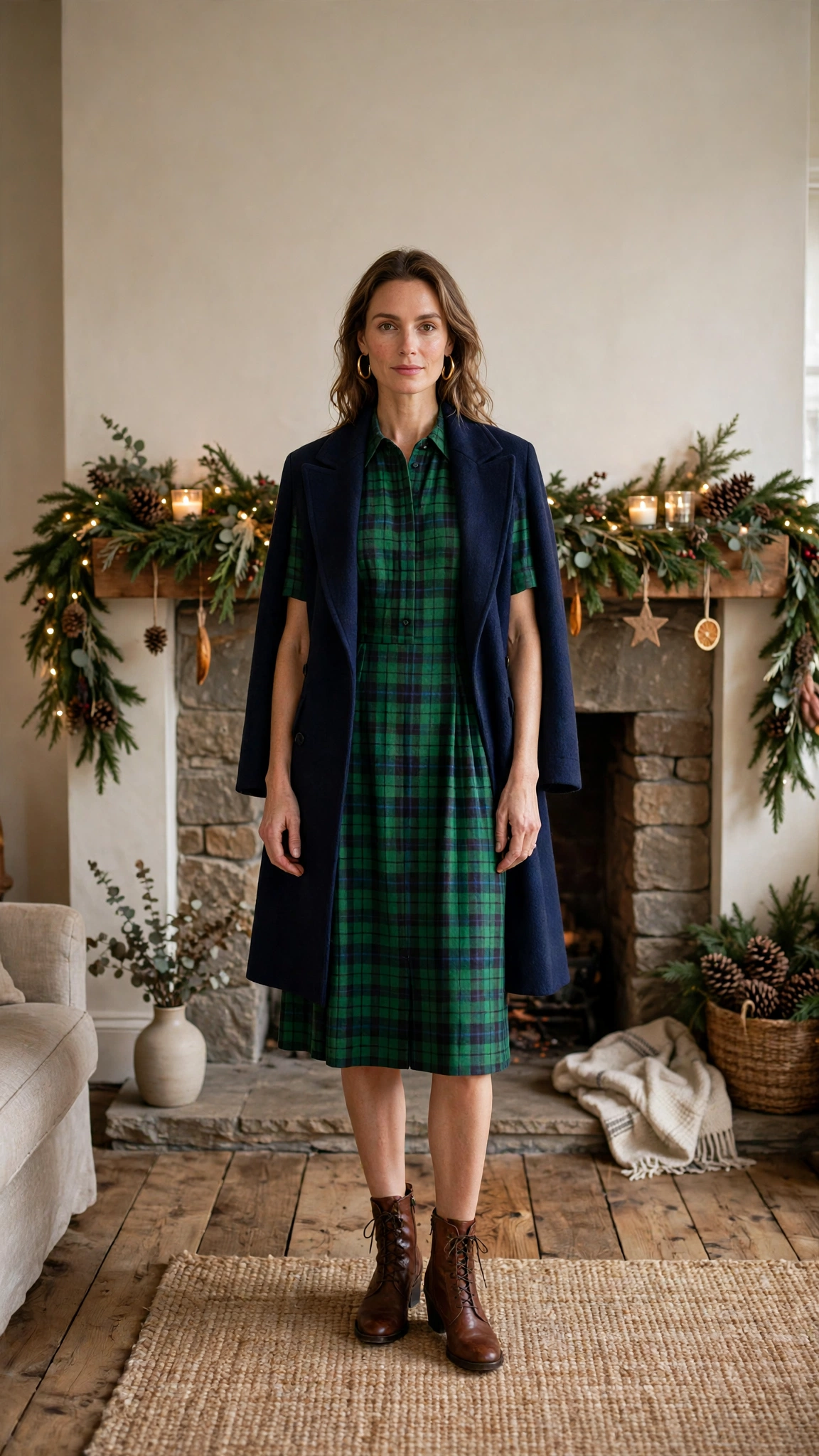Green Tartan Dress with a Navy Coat and Brown Boots