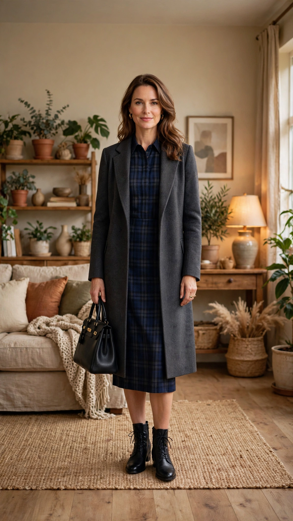 Navy Plaid Dress with a Charcoal Coat and Black Ankle Boots