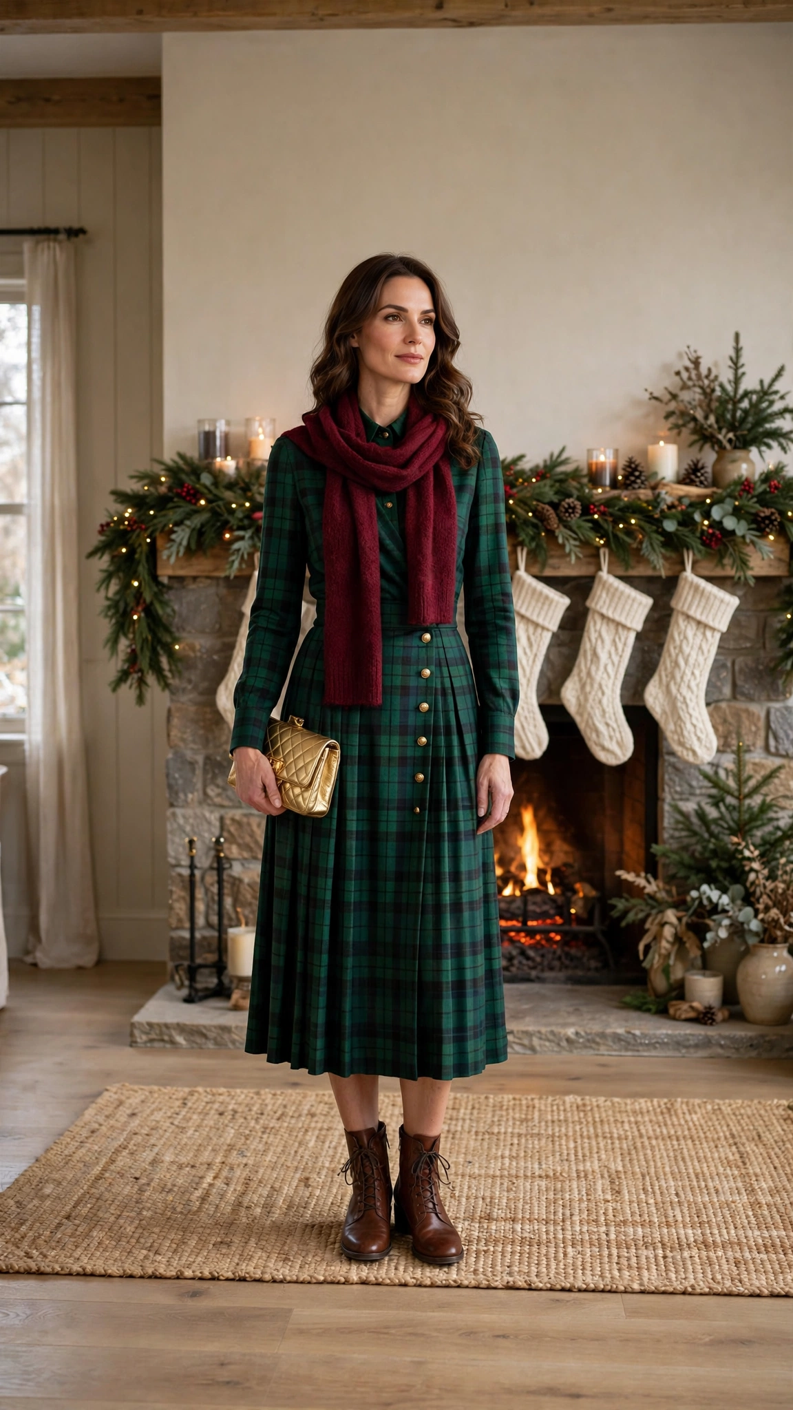 Green Tartan Dress with a Burgundy Scarf and Brown Boots