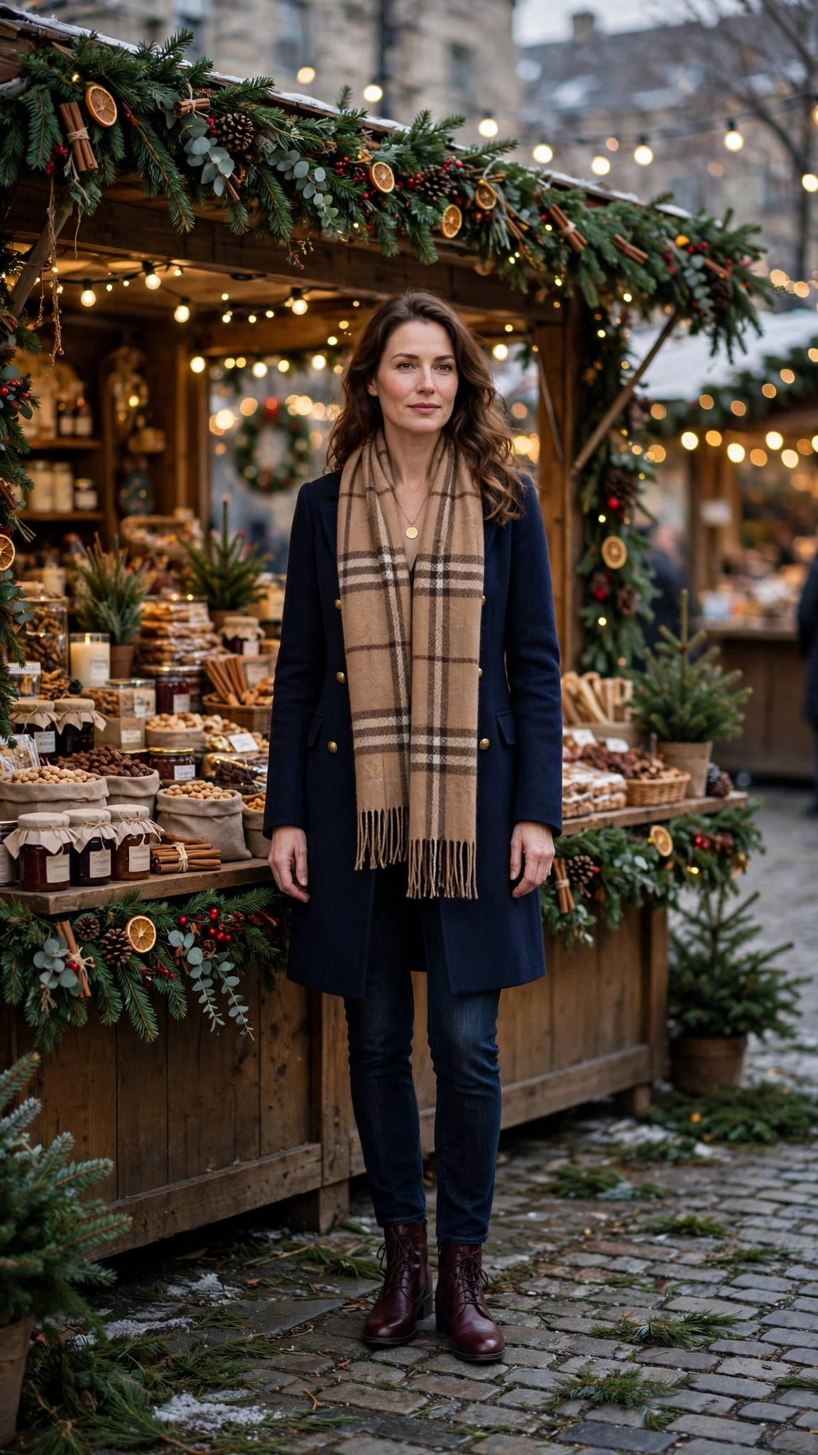 Camel Plaid Scarf with a Navy Coat, Dark Jeans and Burgundy Boots