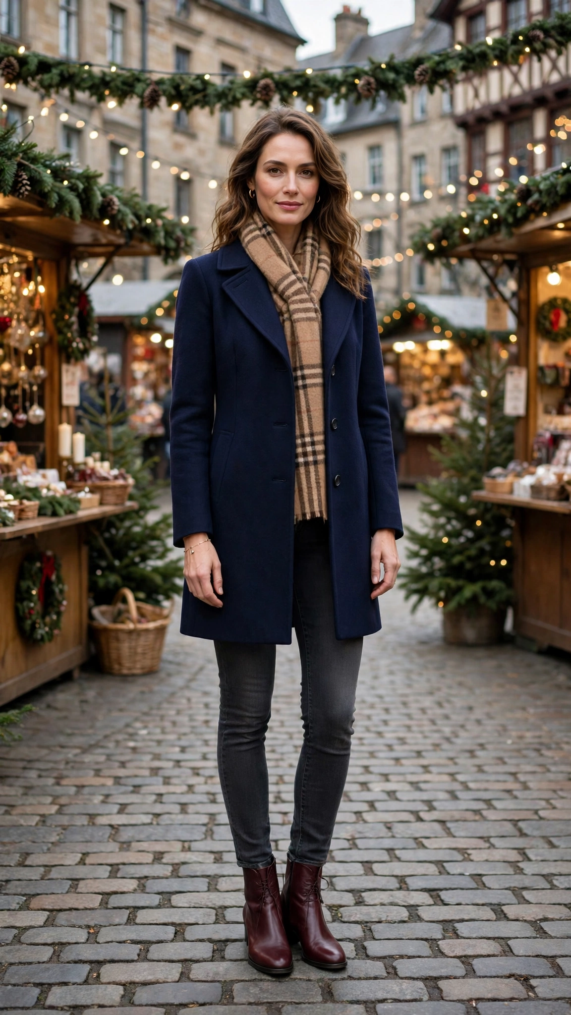 Camel Plaid Scarf with a Navy Coat, Charcoal Jeans and Burgundy Boots