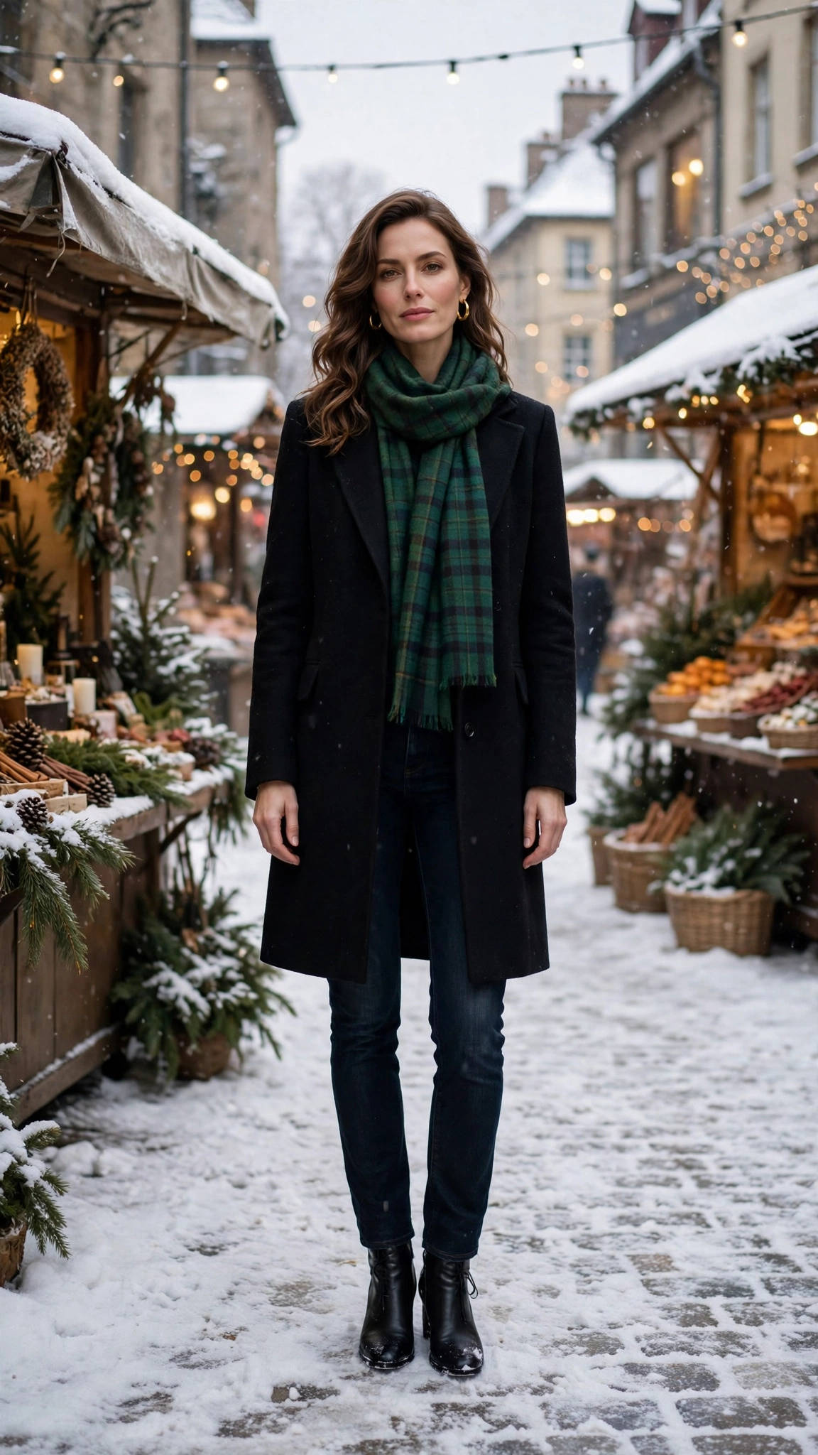 Green Tartan Scarf with a Black Coat, Dark Jeans and Black Ankle Boots