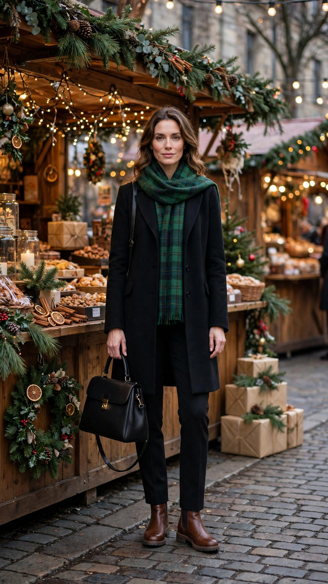 Green Tartan Scarf with a Black Coat, Black Trousers and Brown Boots