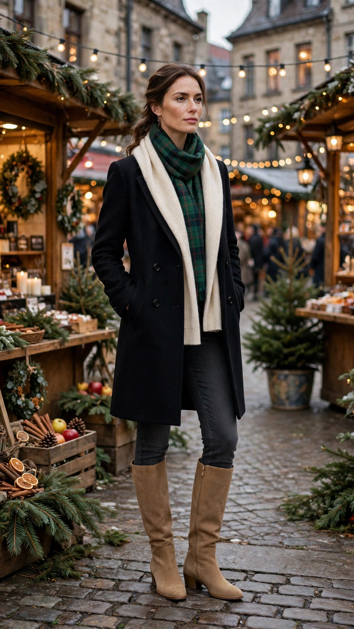 Green Tartan Scarf with a Black Coat, Charcoal Jeans and Tan Knee Boots