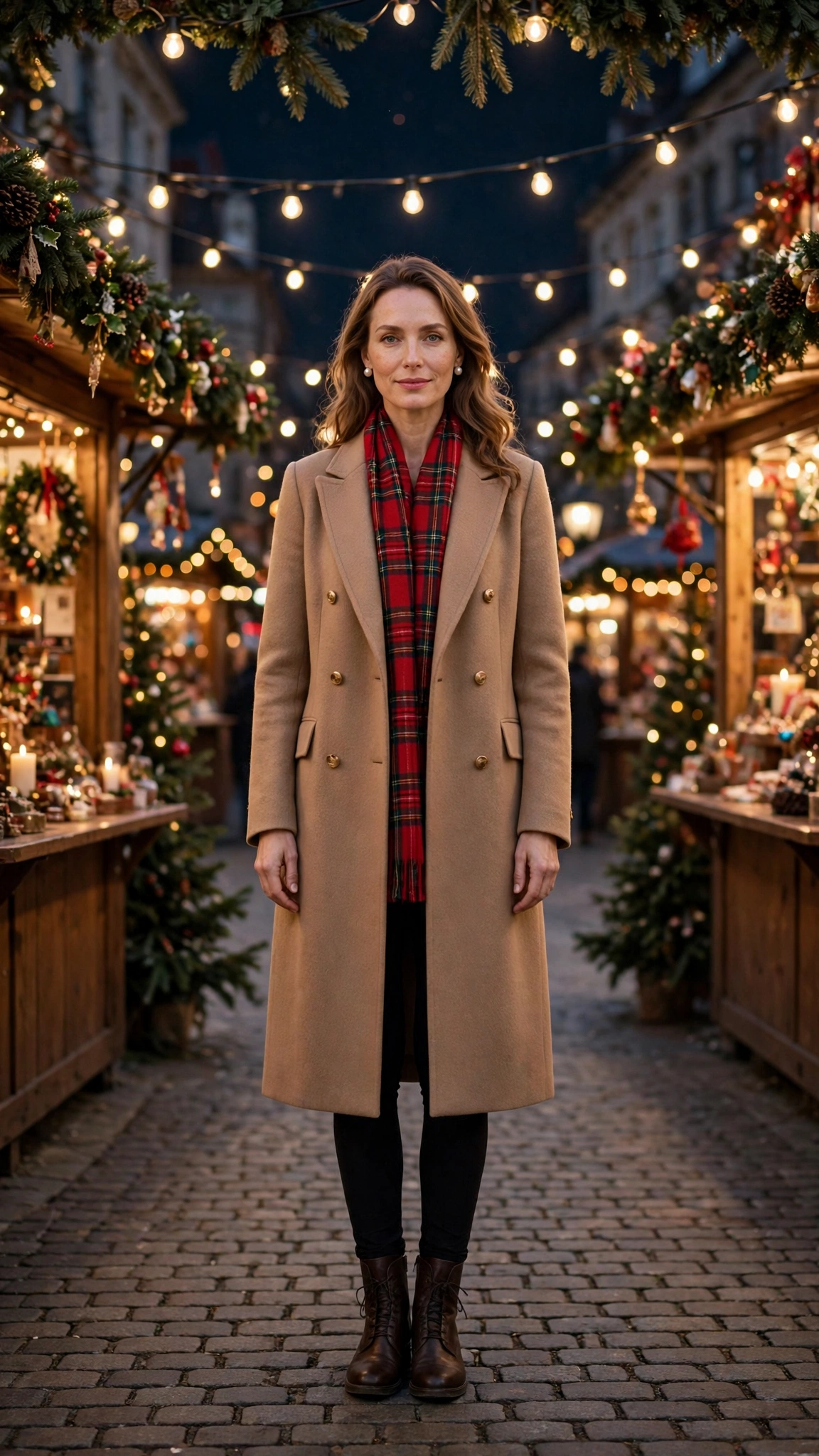 Red Plaid Scarf with a Camel Coat, Black Leggings and Dark Brown Boots