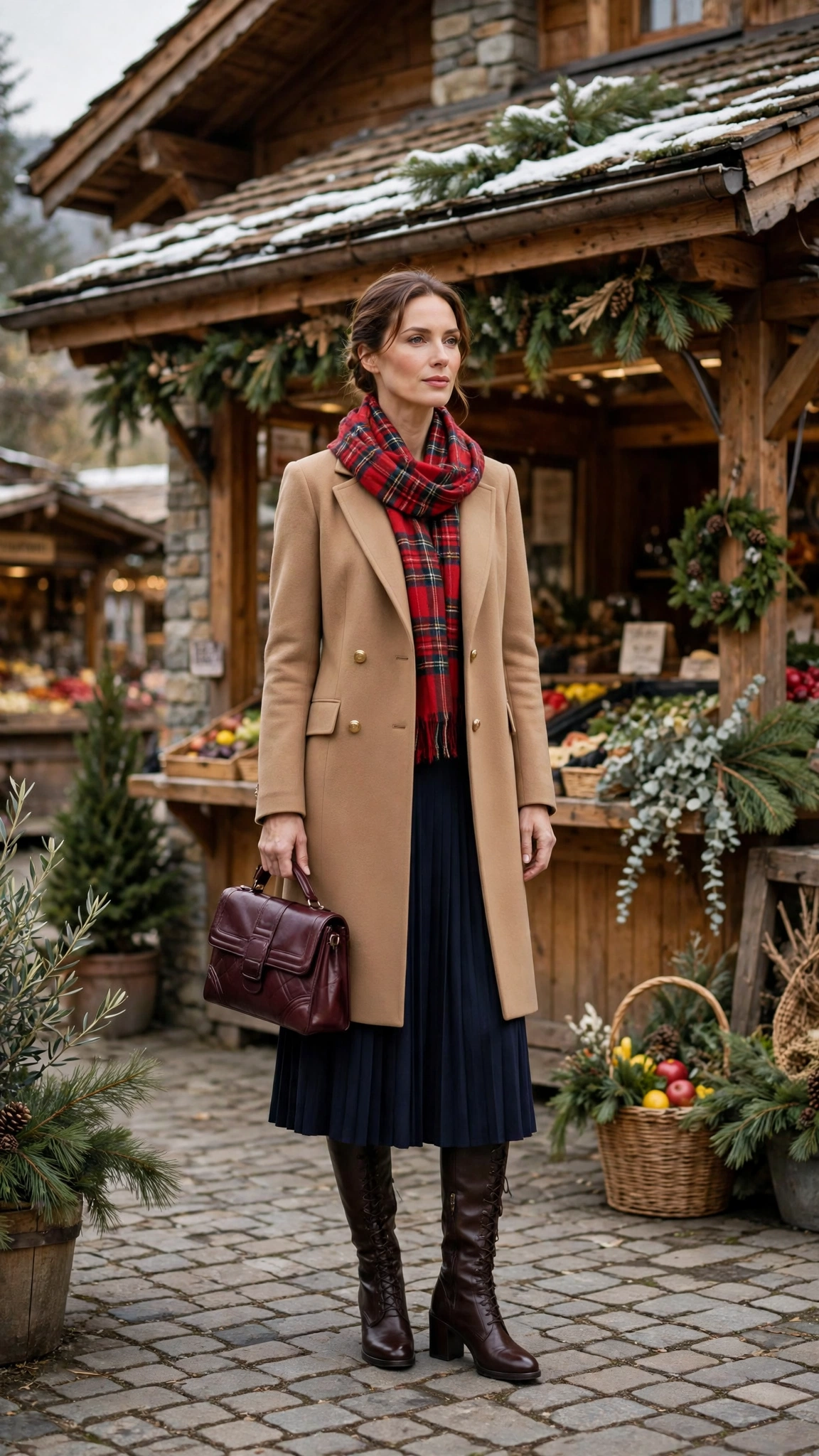 Red Plaid Scarf with a Camel Coat, a Navy Skirt and Dark Brown Boots