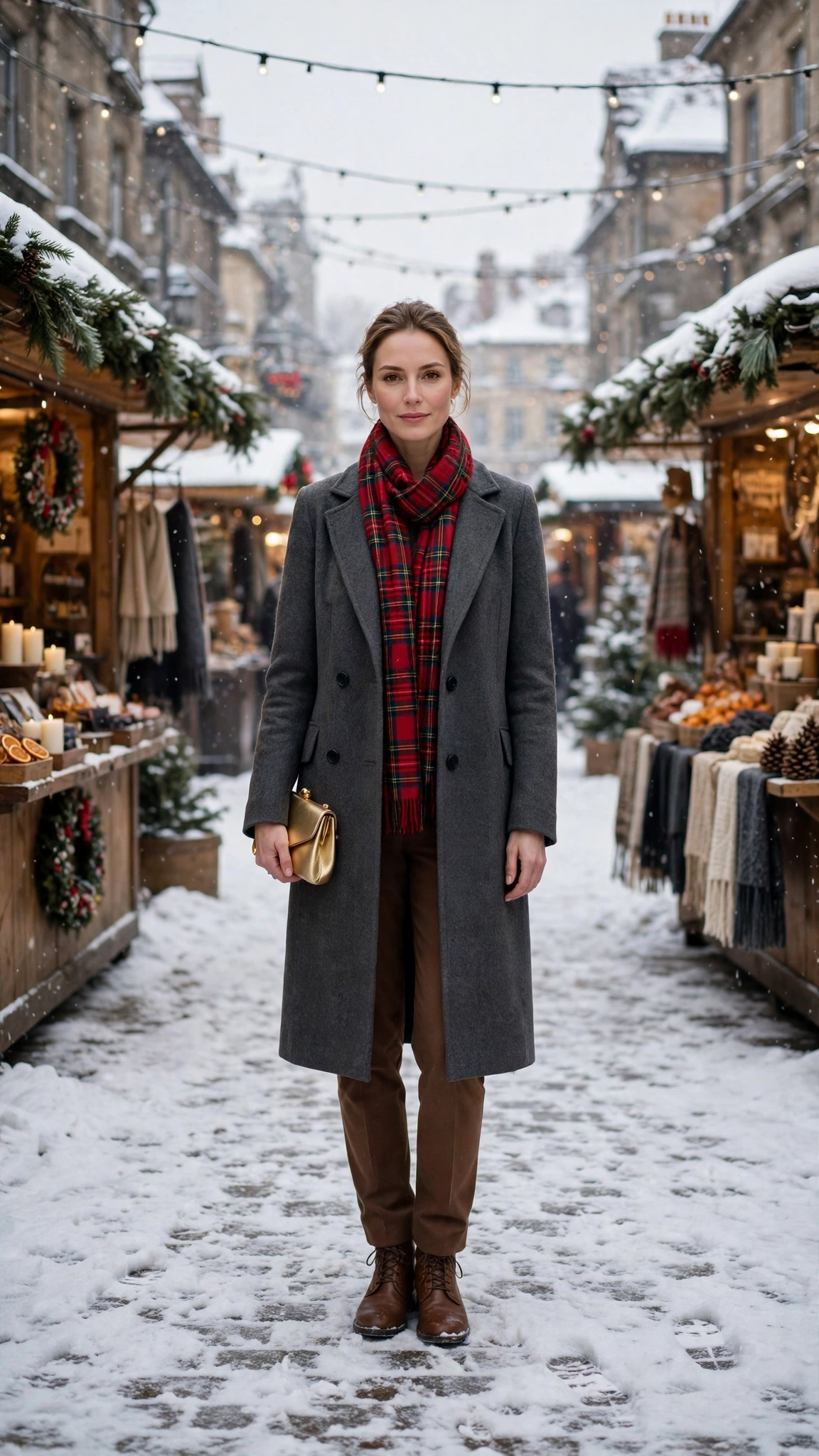 Red Tartan Scarf with a Charcoal Coat, Brown Trousers and Brown Boots