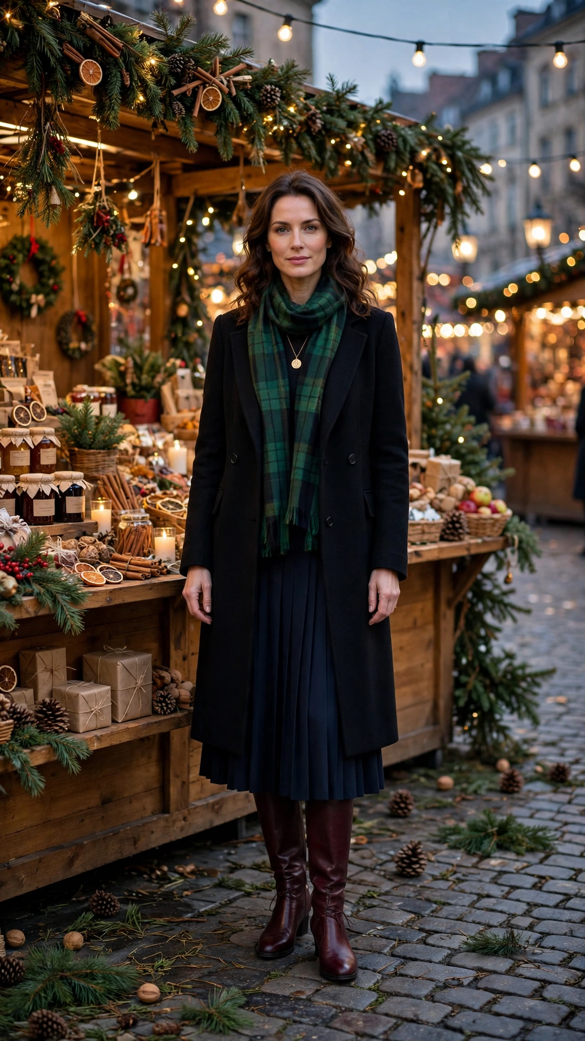 Green Tartan Scarf with a Black Coat, a Navy Skirt and Burgundy Boots