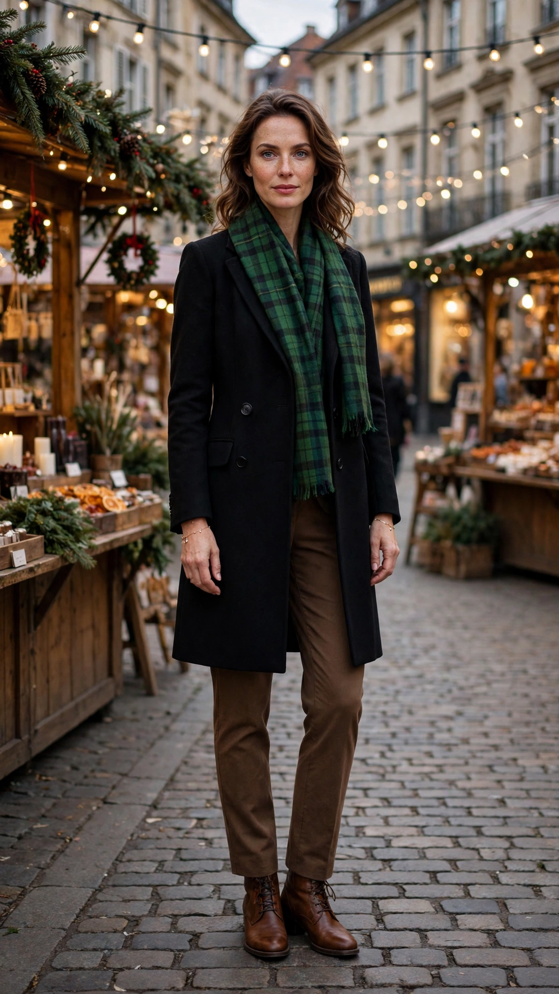Green Tartan Scarf with a Black Coat, Brown Trousers and Brown Boots