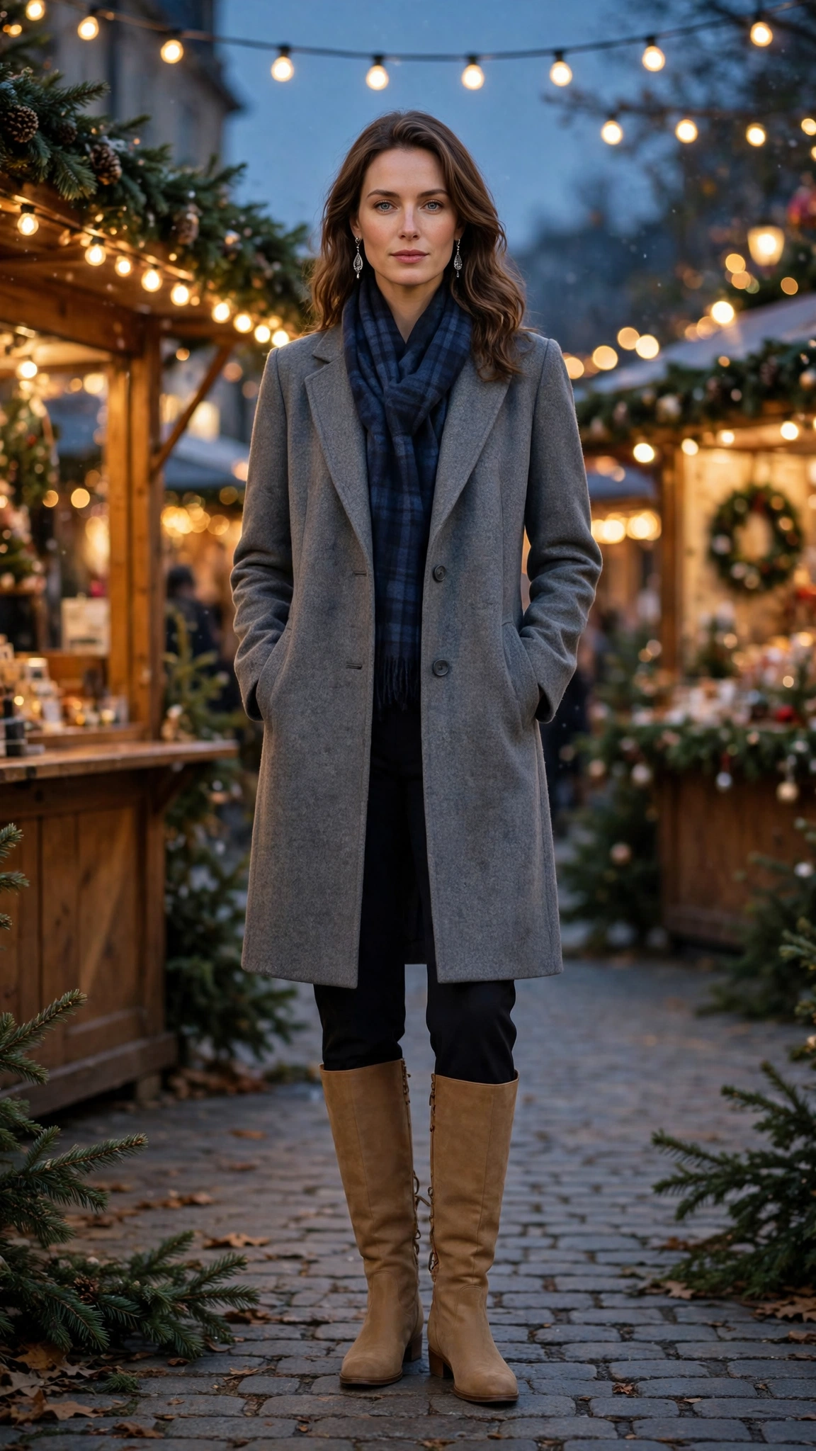 Navy Plaid Scarf with a Grey Coat, Black Trousers and Tan Knee Boots