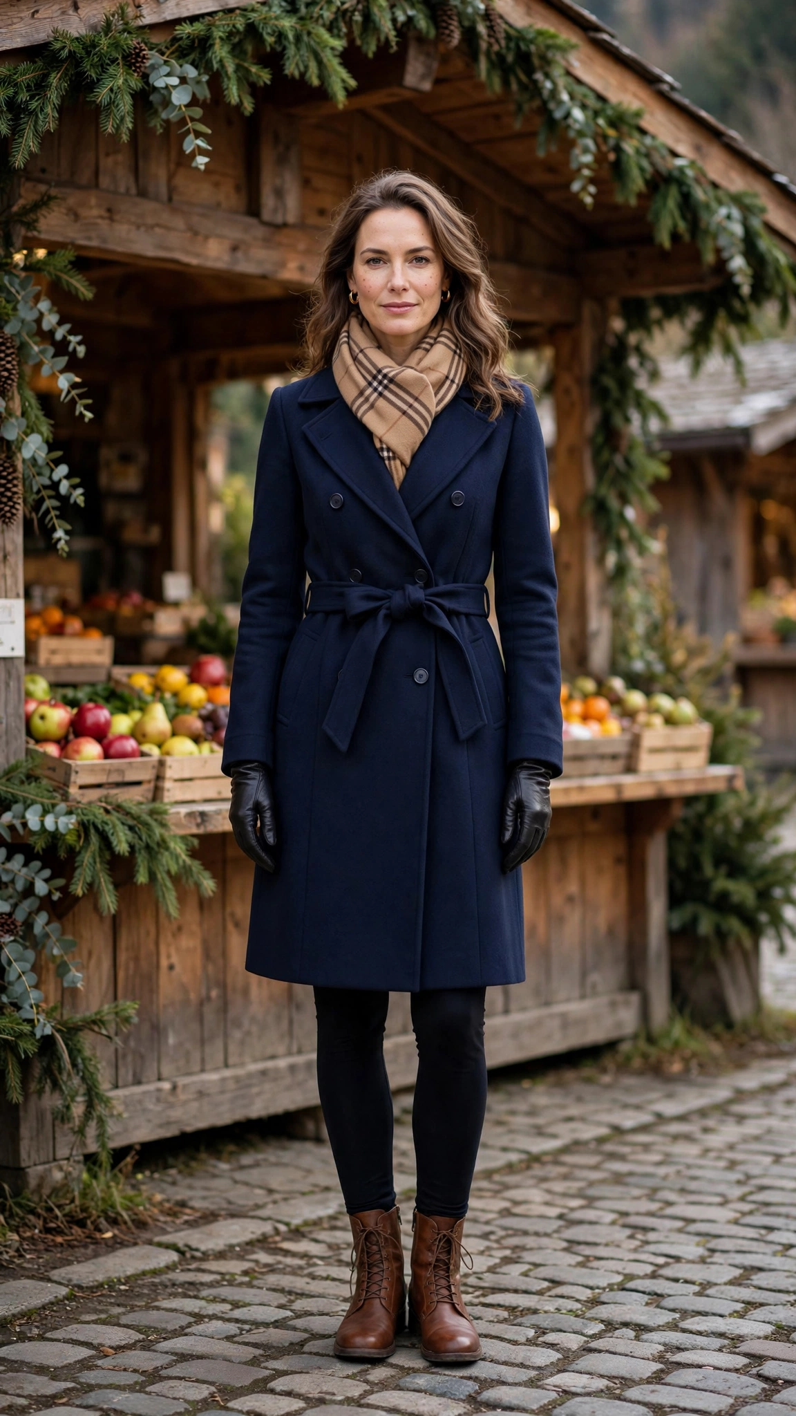 Camel Plaid Scarf with a Navy Coat, Black Leggings and Brown Boots