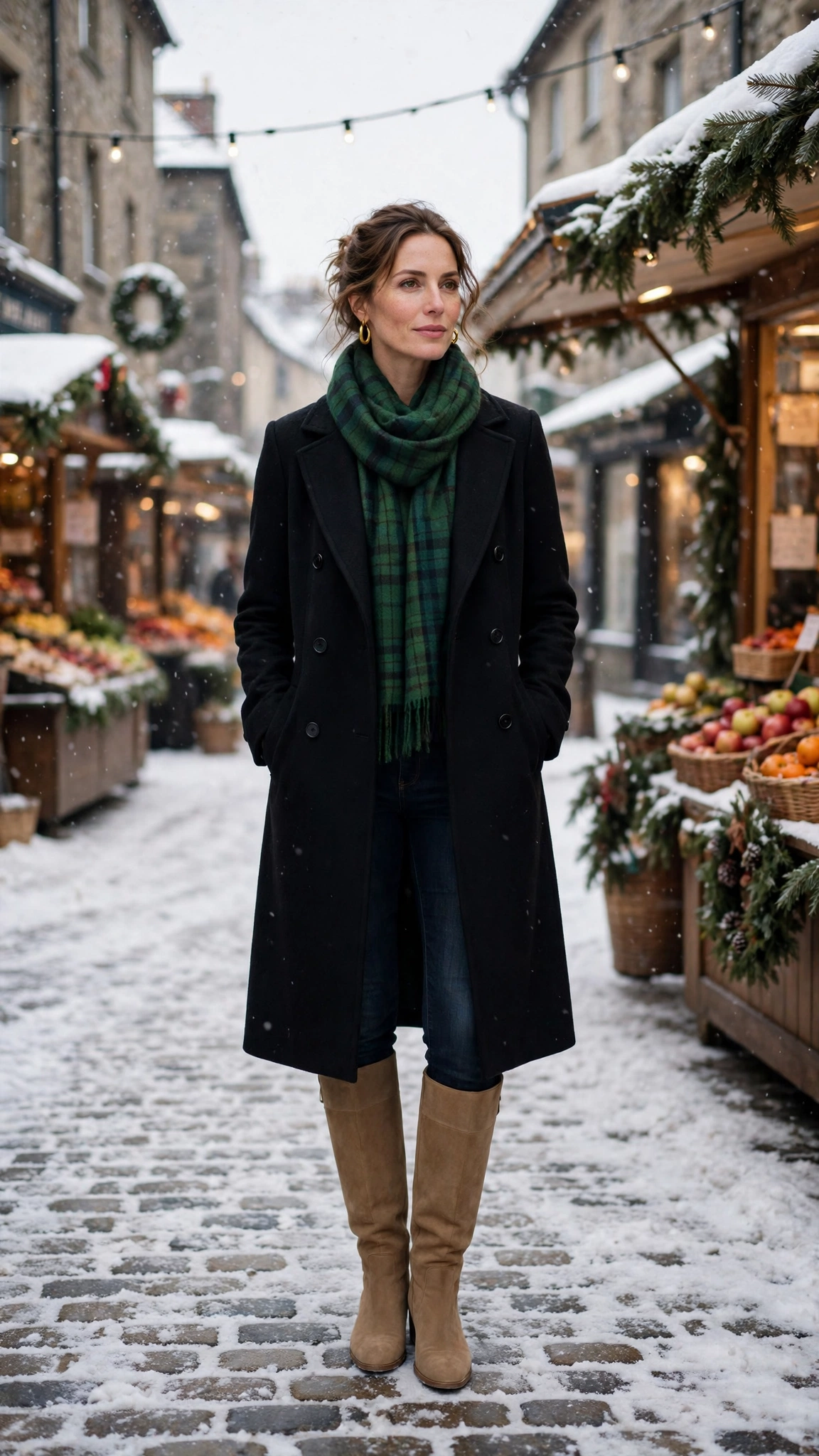 Green Tartan Scarf with a Black Coat, Dark Jeans and Tan Knee Boots