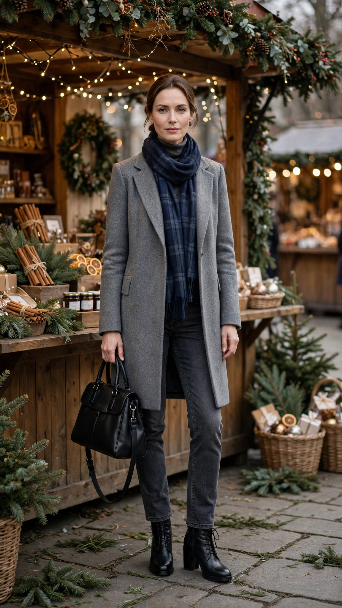 Navy Plaid Scarf with a Grey Coat, Charcoal Jeans and Black Ankle Boots