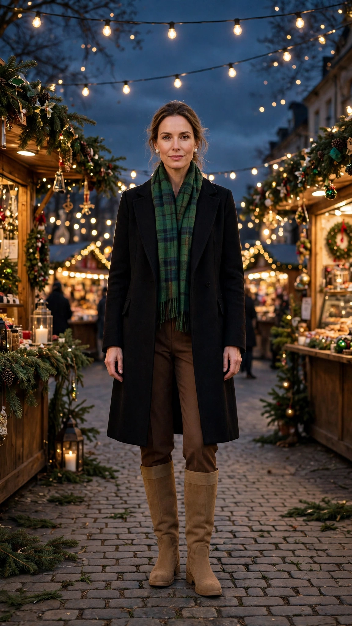 Green Tartan Scarf with a Black Coat, Brown Trousers and Tan Knee Boots