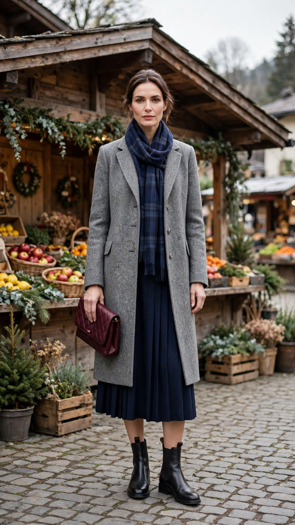 Navy Plaid Scarf with a Grey Coat, a Navy Skirt and Black Chelsea Boots