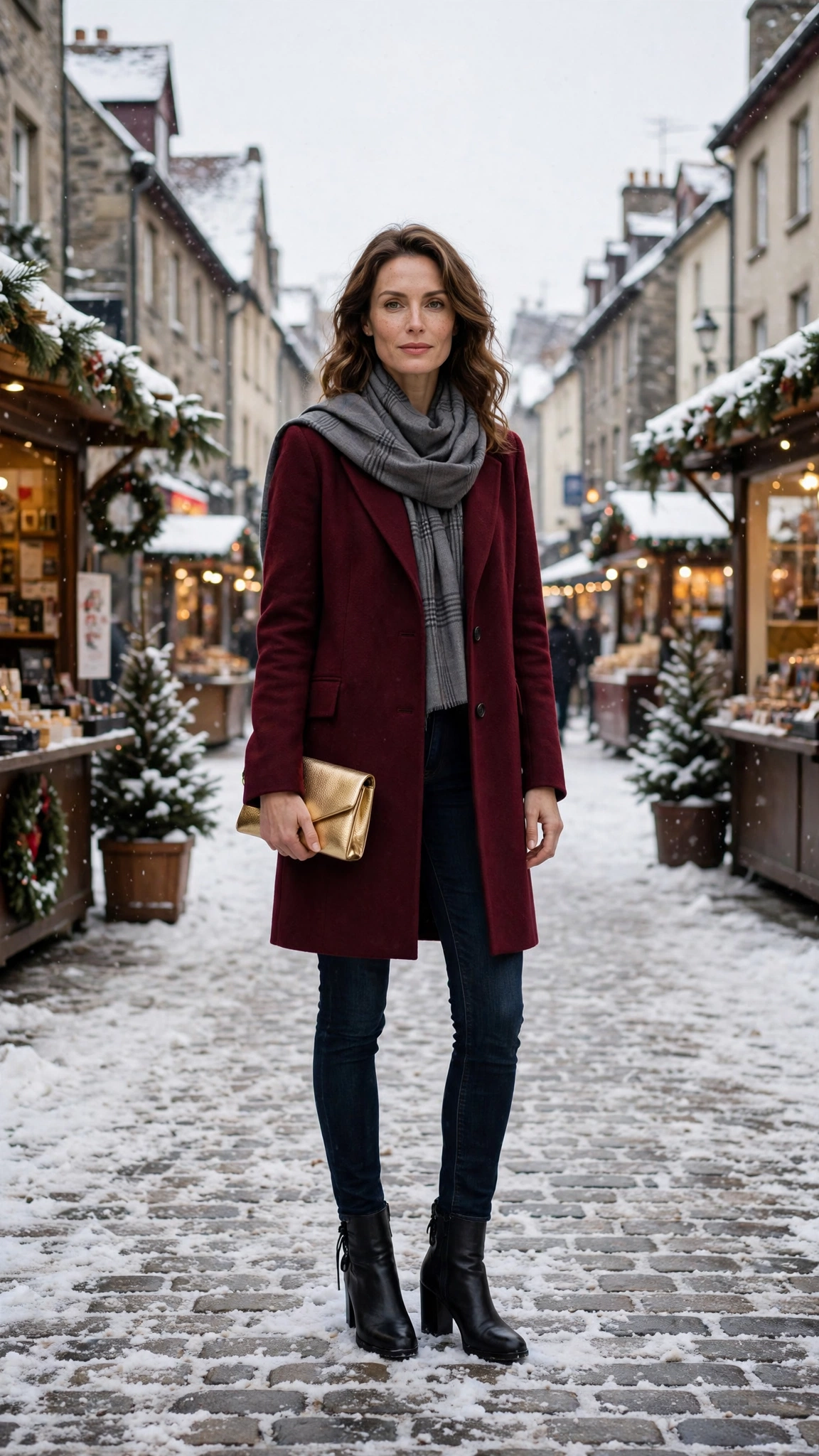 Grey Check Scarf with a Burgundy Coat, Dark Jeans and Black Ankle Boots