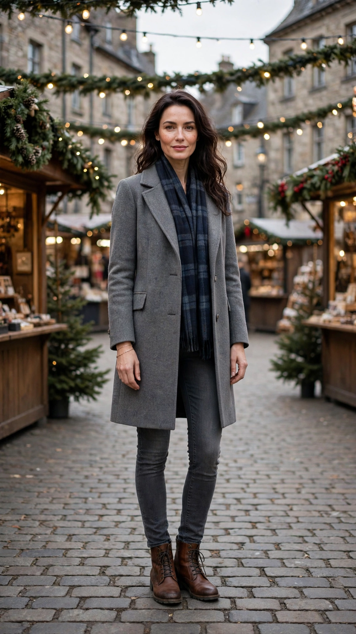 Navy Plaid Scarf with a Grey Coat, Charcoal Jeans and Brown Boots