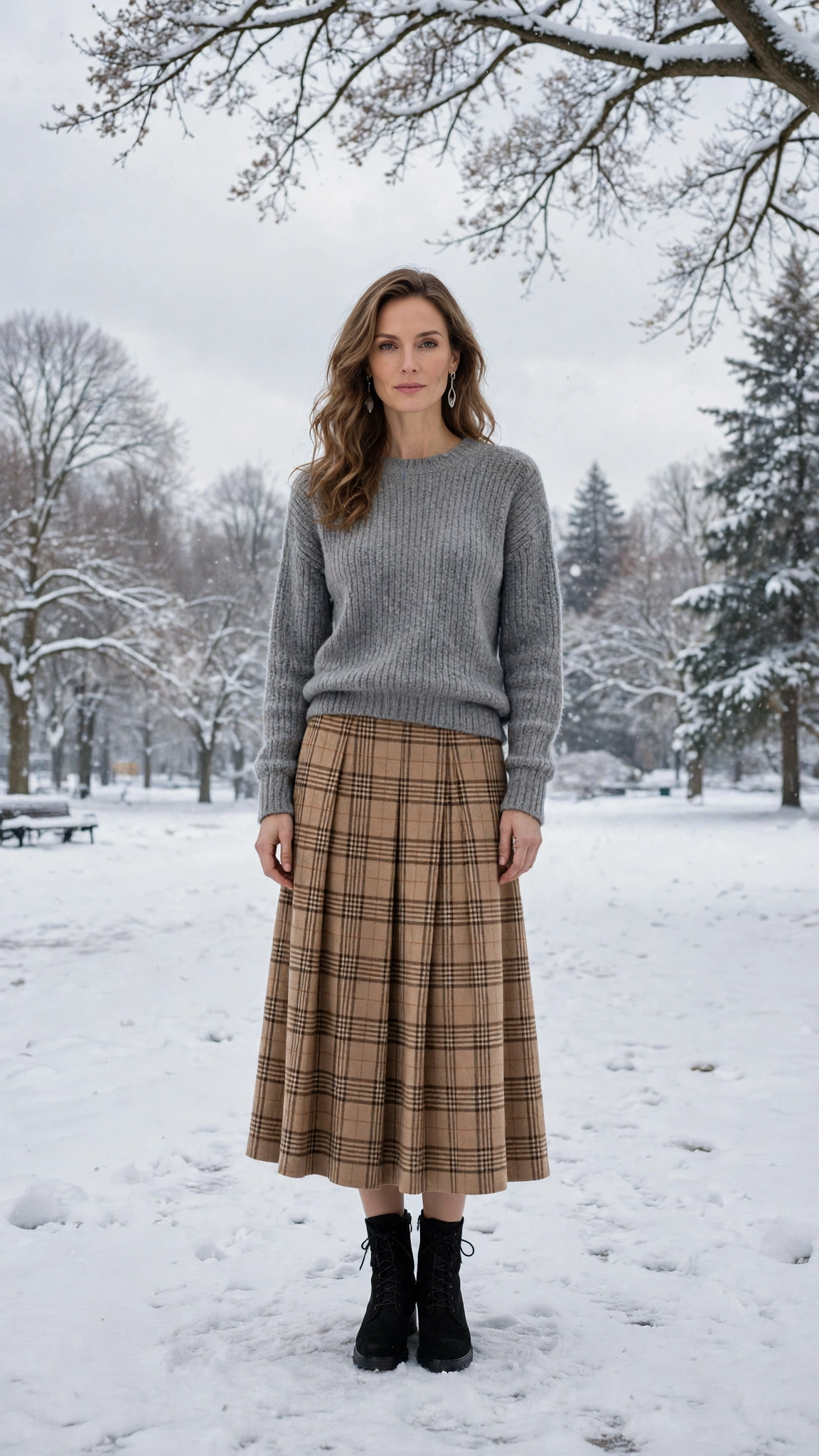 Camel Plaid Skirt with a Grey Sweater and Black Ankle Boots