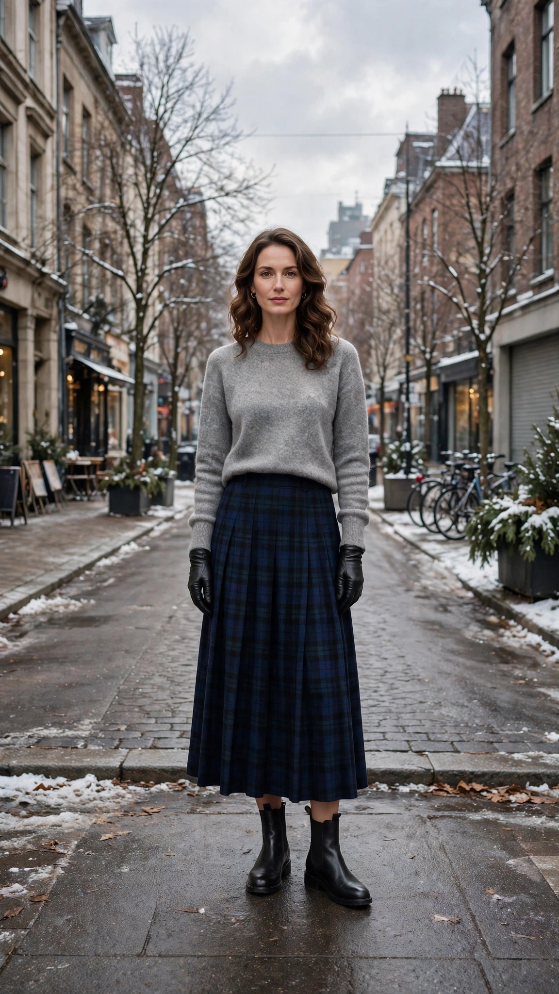Navy Plaid Skirt with a Grey Sweater and Black Chelsea Boots