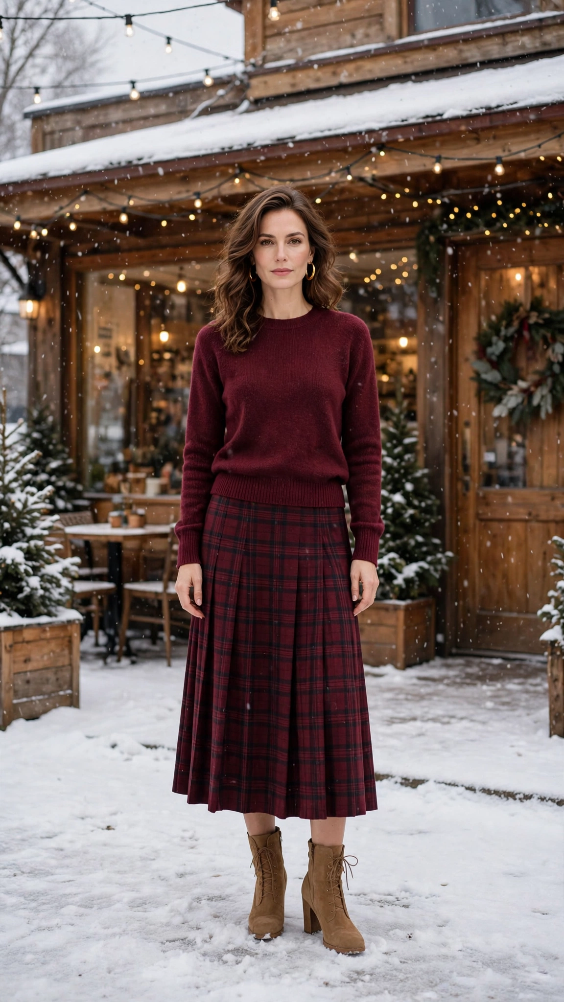 Burgundy Plaid Skirt with a Burgundy Knit Top and Tan Boots