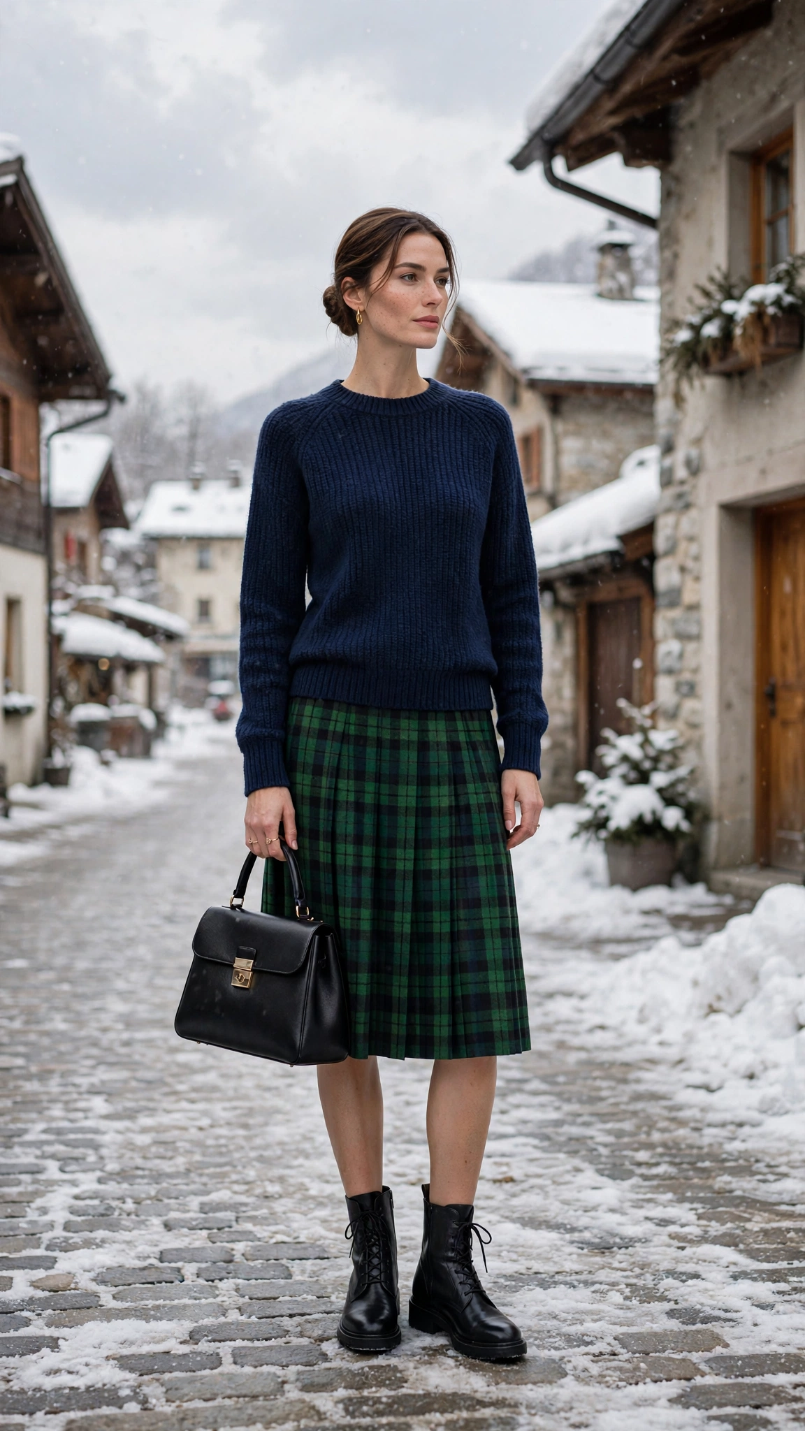 Green Tartan Skirt with a Navy Sweater and Black Ankle Boots