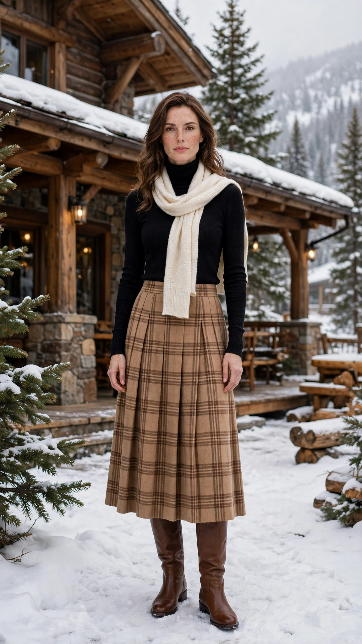 Camel Plaid Skirt with a Black Turtleneck and Brown Knee Boots